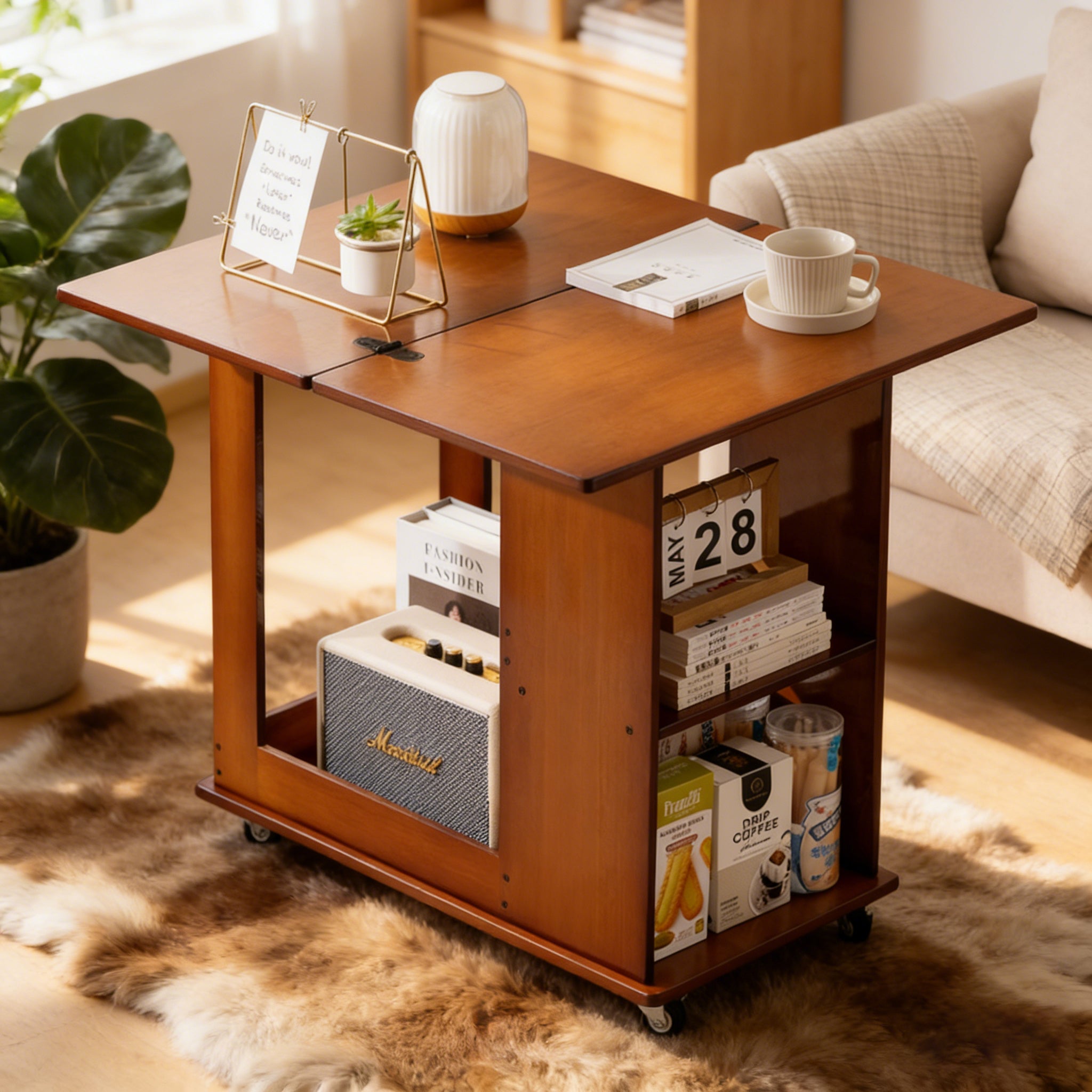 Bamboo folding edge table with movable storage, foldable tabletop suitable for beds and sofas, saving space, multiple storage spaces, natural texture
