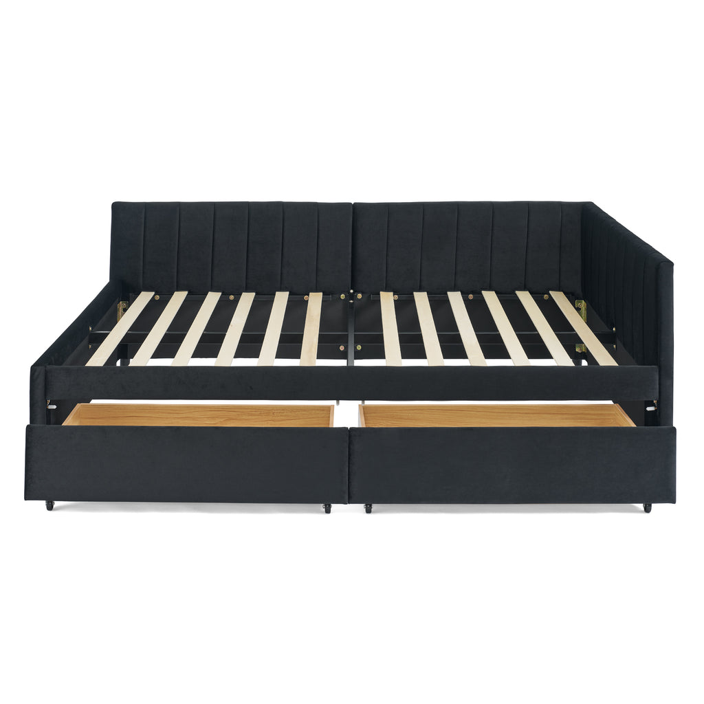 Black Velvet Upholstered Tufted Full Size Daybed Frame with Two Drawers, Comfort Backrest and Armrests, 79.5''x58''x25''