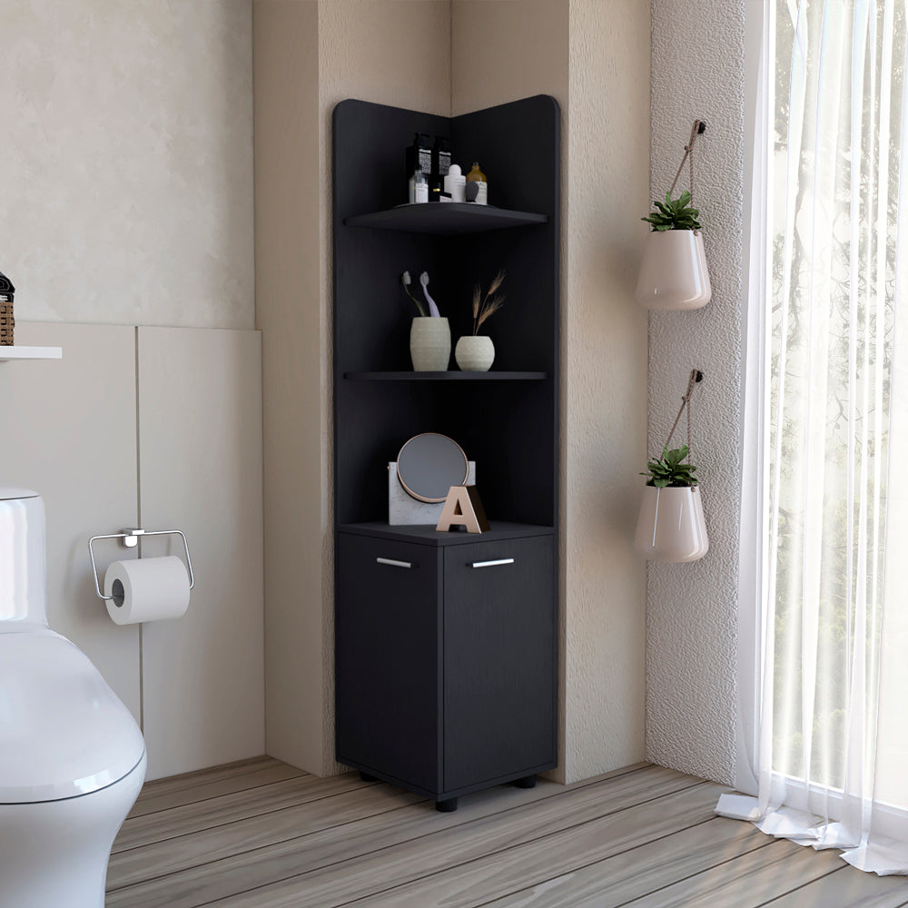 Malibu 62' Tall Double Door Corner Linen Cabinet with Four Shelves Black
