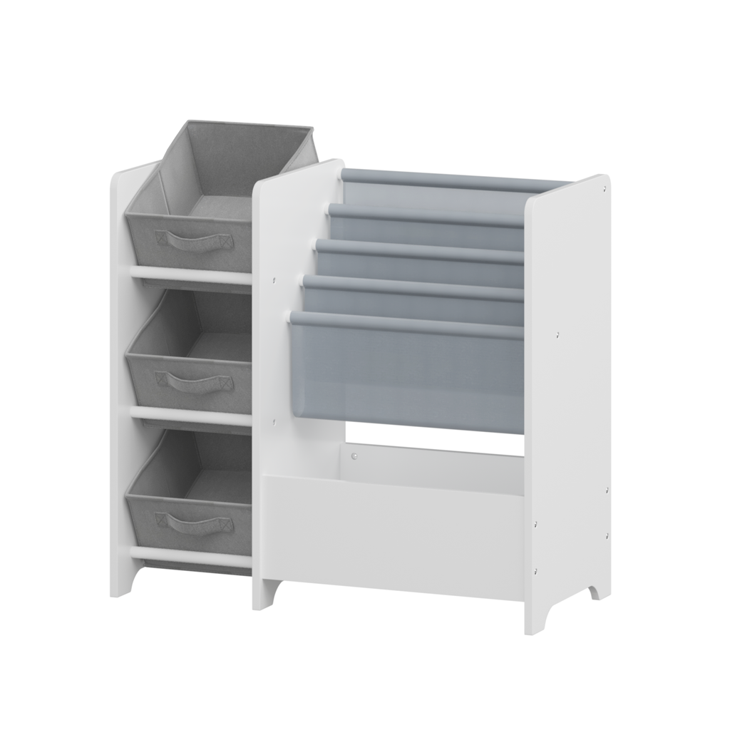 Kids Bookshelf and Toy Storage Organizer, Multifunctional 4-Tier White MDF Bookshelf with 3 Collapsible Fabric Drawers for Nursery or Playroom, Toddlers and Children