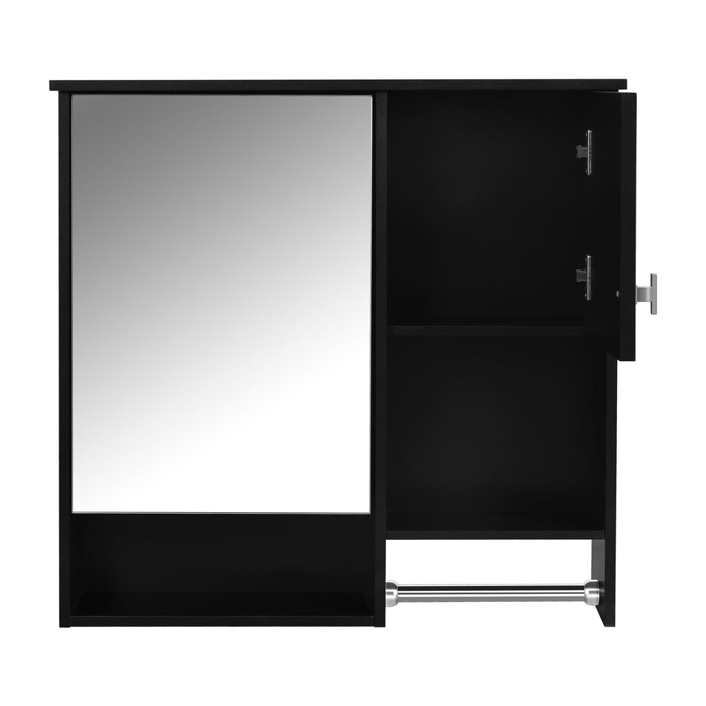Modern Black Wall-Mounted Bathroom Medicine Cabinet with Mirror, 29'' x 28'', MDF & Glass, Space-Saving Storage with Adjustable Shelves and Towel Bar