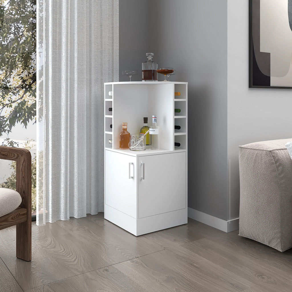White Corner Bar Cabinet with Bottle Rack and Open Shelf