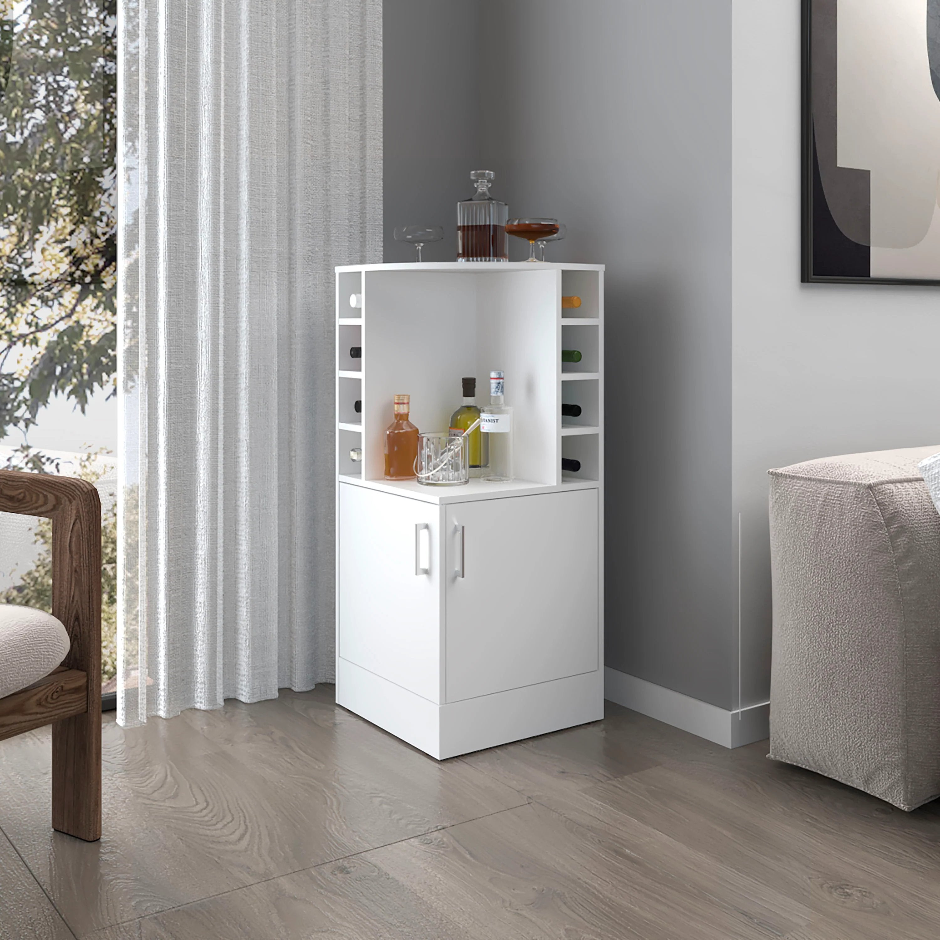White Corner Bar Cabinet with Bottle Rack and Open Shelf
