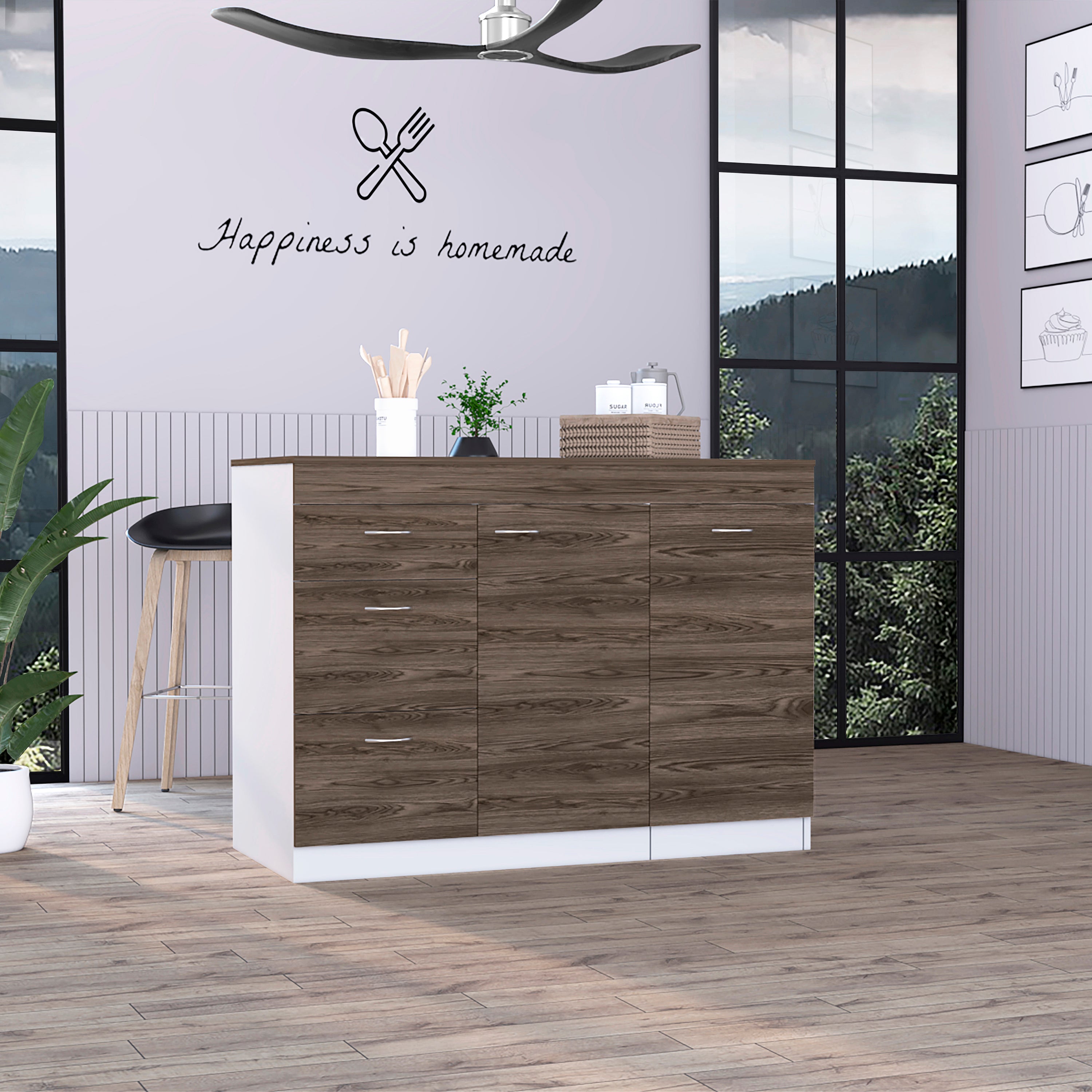 Laurel 3-Drawer L-Shaped Convertible Kitchen Island White and Dark Walnut