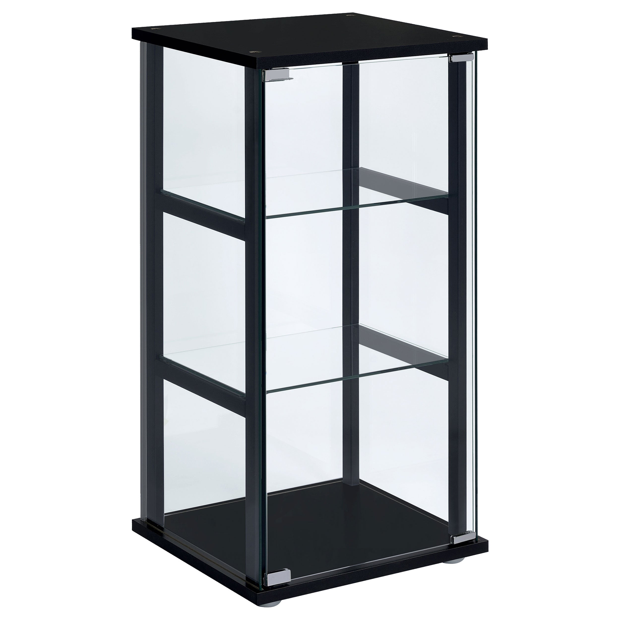 Callie Black Glass 3-Shelf Curio Cabinet with Tempered Glass Door, Black Finish, Solid Wood Frame, 33.5H x 16.75W x 14.25D