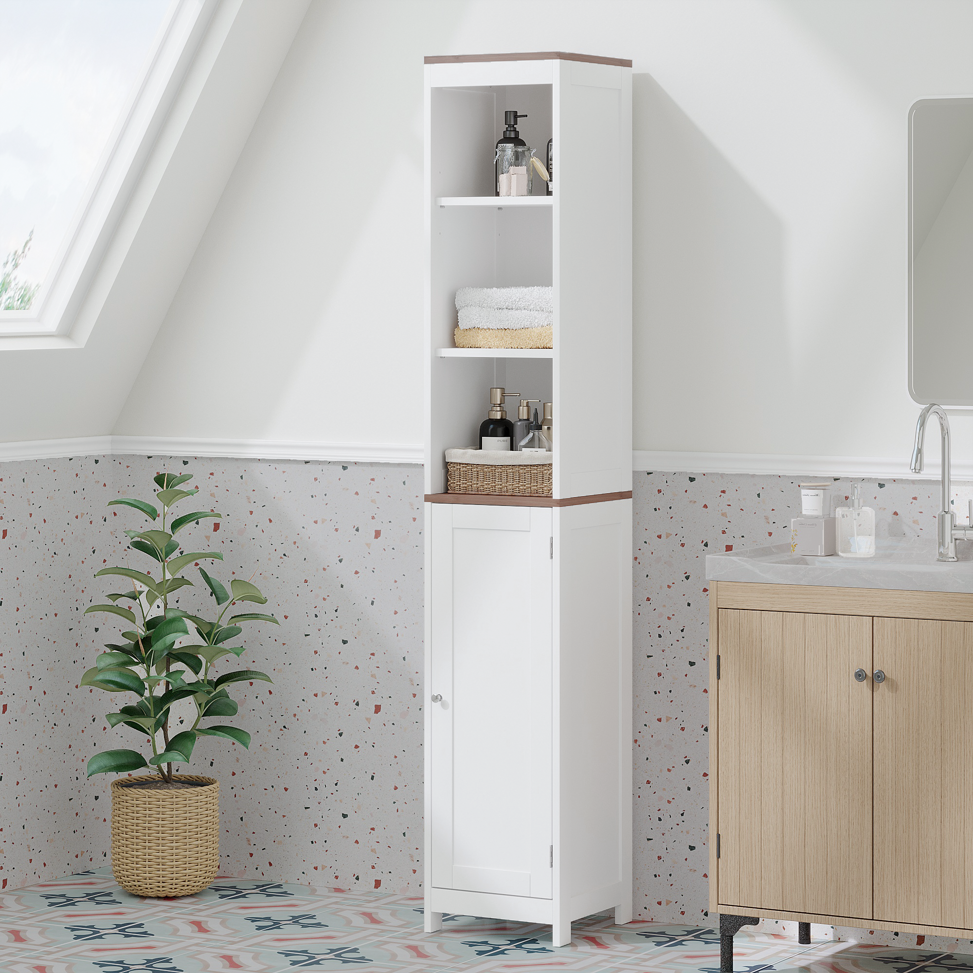 Tall Bathroom Storage Cabinet with Reversible Door, Freestanding Linen Tower with Open Shelves and Enclosed Cabinet, Narrow Floor Cabinet Organizer for Bathroom, Laundry Room or Small Spaces – White