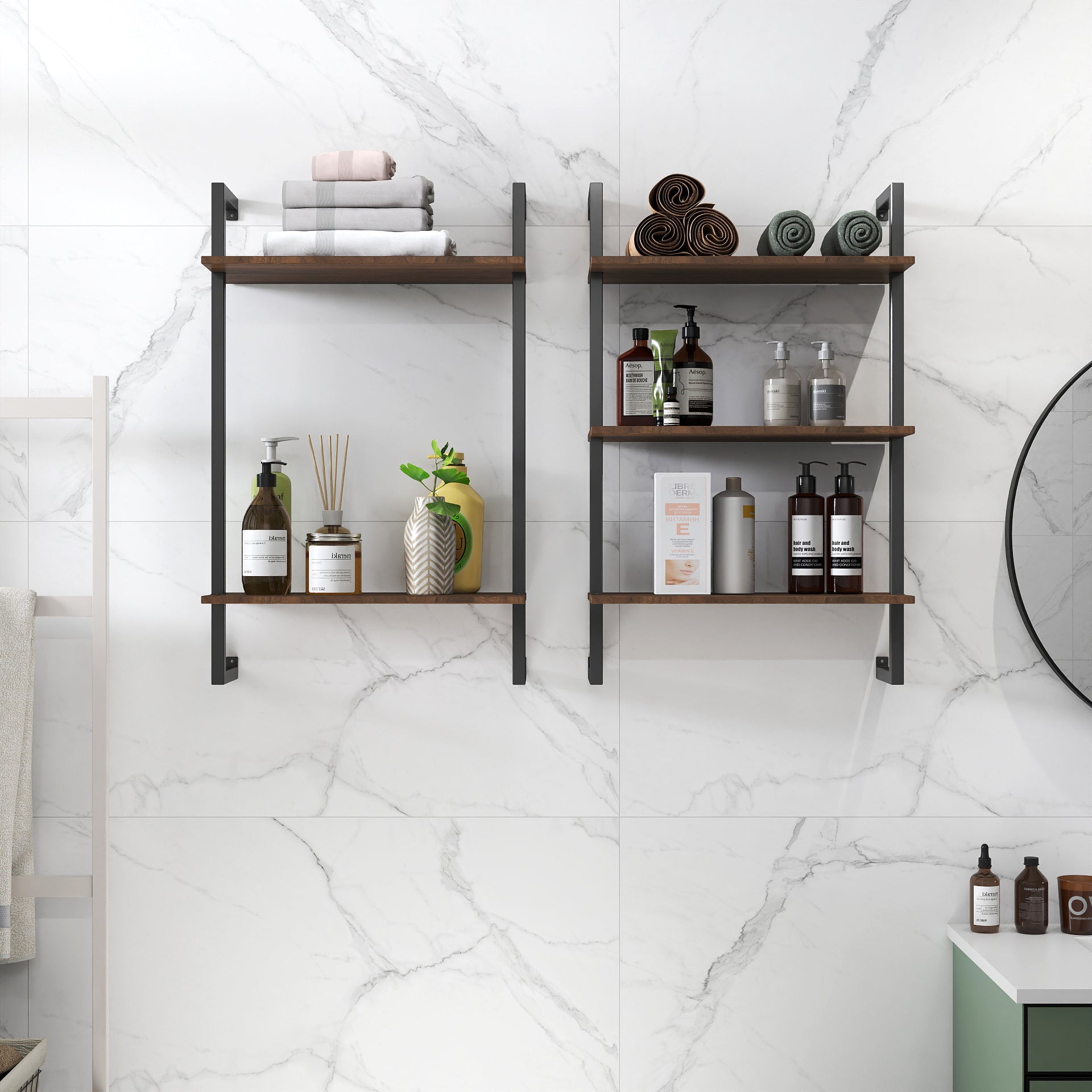3 Tier and 2 Tier Bathroom Shelves Metal, Wood Hanging Storage Bookshelf