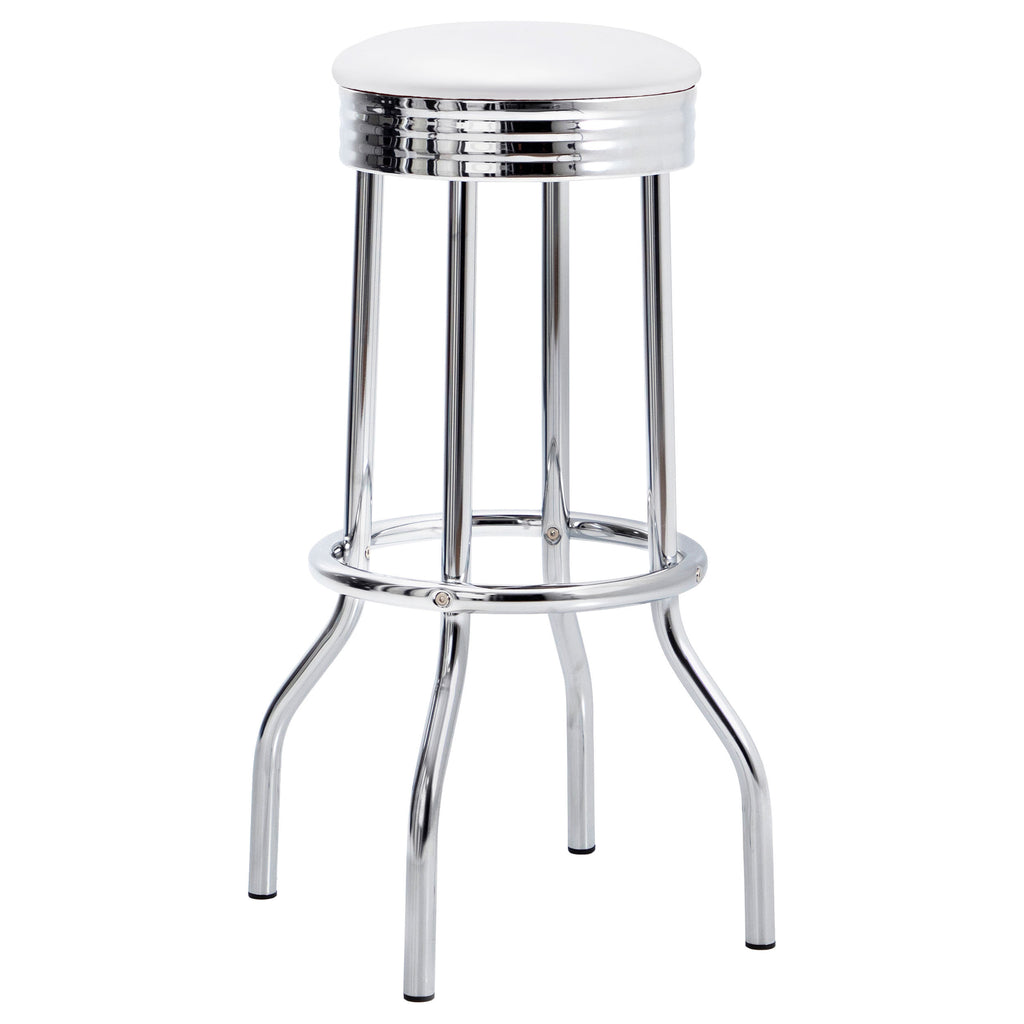 Midge White Upholstered Metal Swivel Bar Stool Set of 2: Retro Style with Swivel Seat, White Leatherette Upholstery, Chrome Frame, 30' Tall