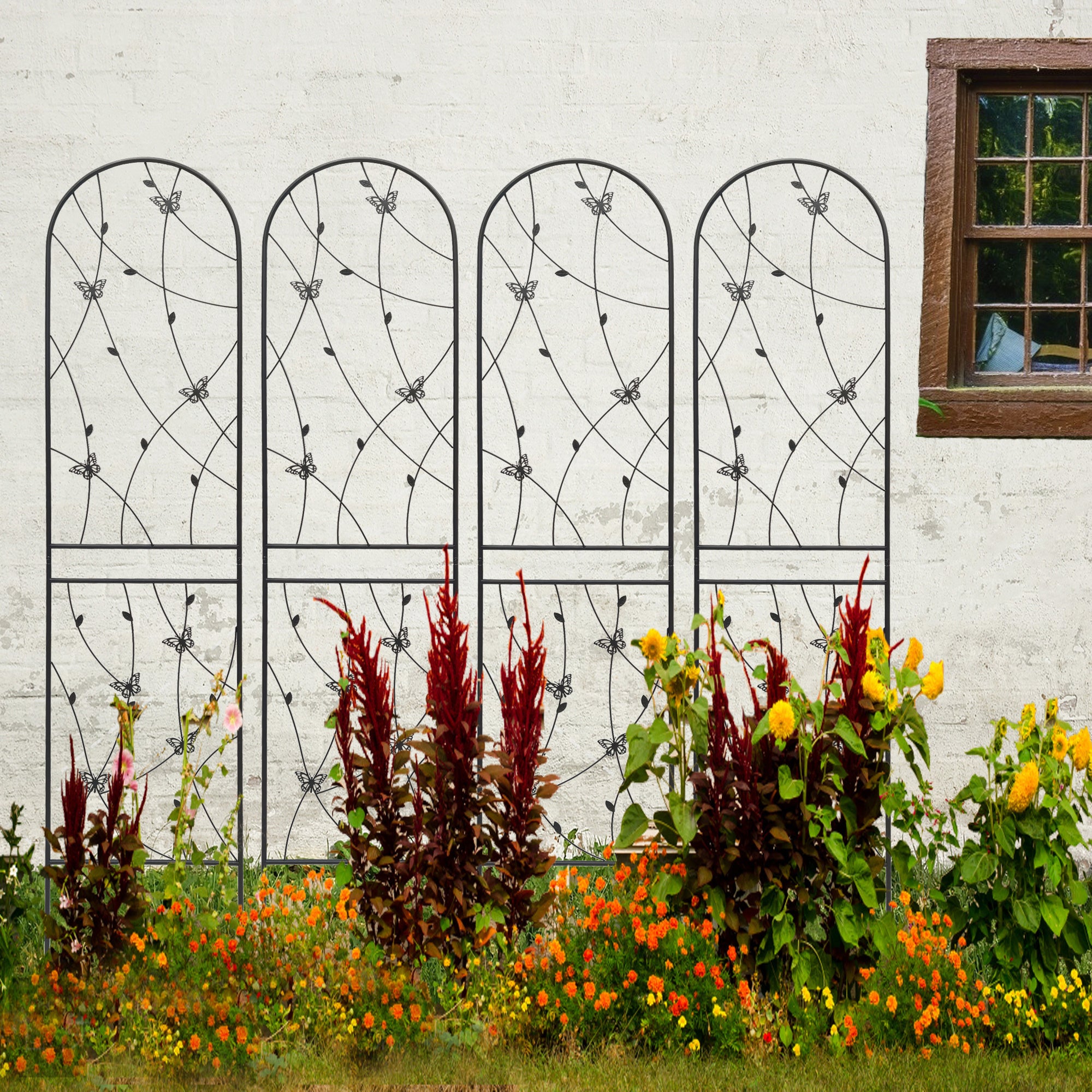 4 Pack Metal Garden Trellis 86.7' x 19.7' Rustproof Trellis for Climbing Plants Outdoor Flower Support Butterfly Deco Black