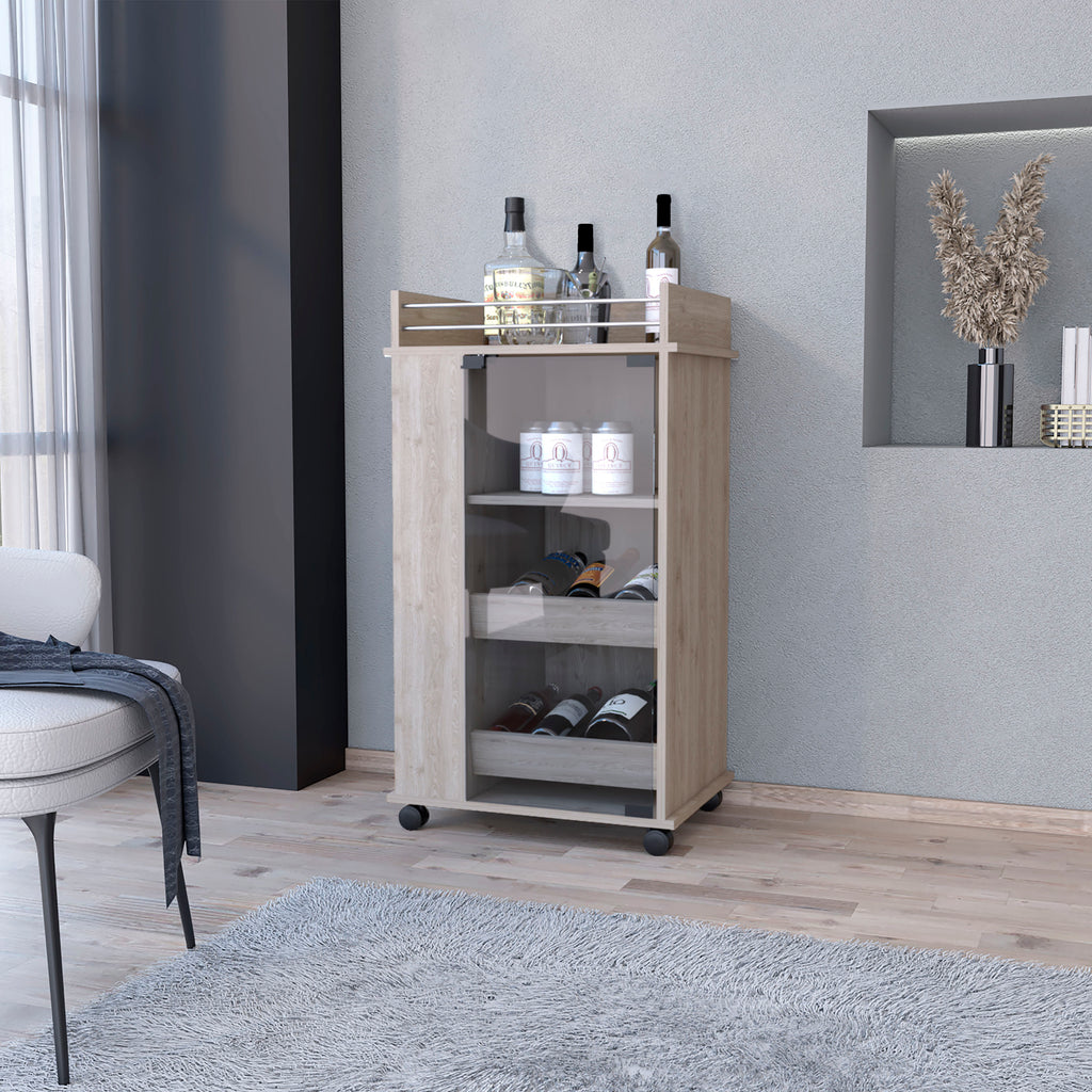 Baltimore Bar Cart with Casters, Glass Door and 2-Side Shelf