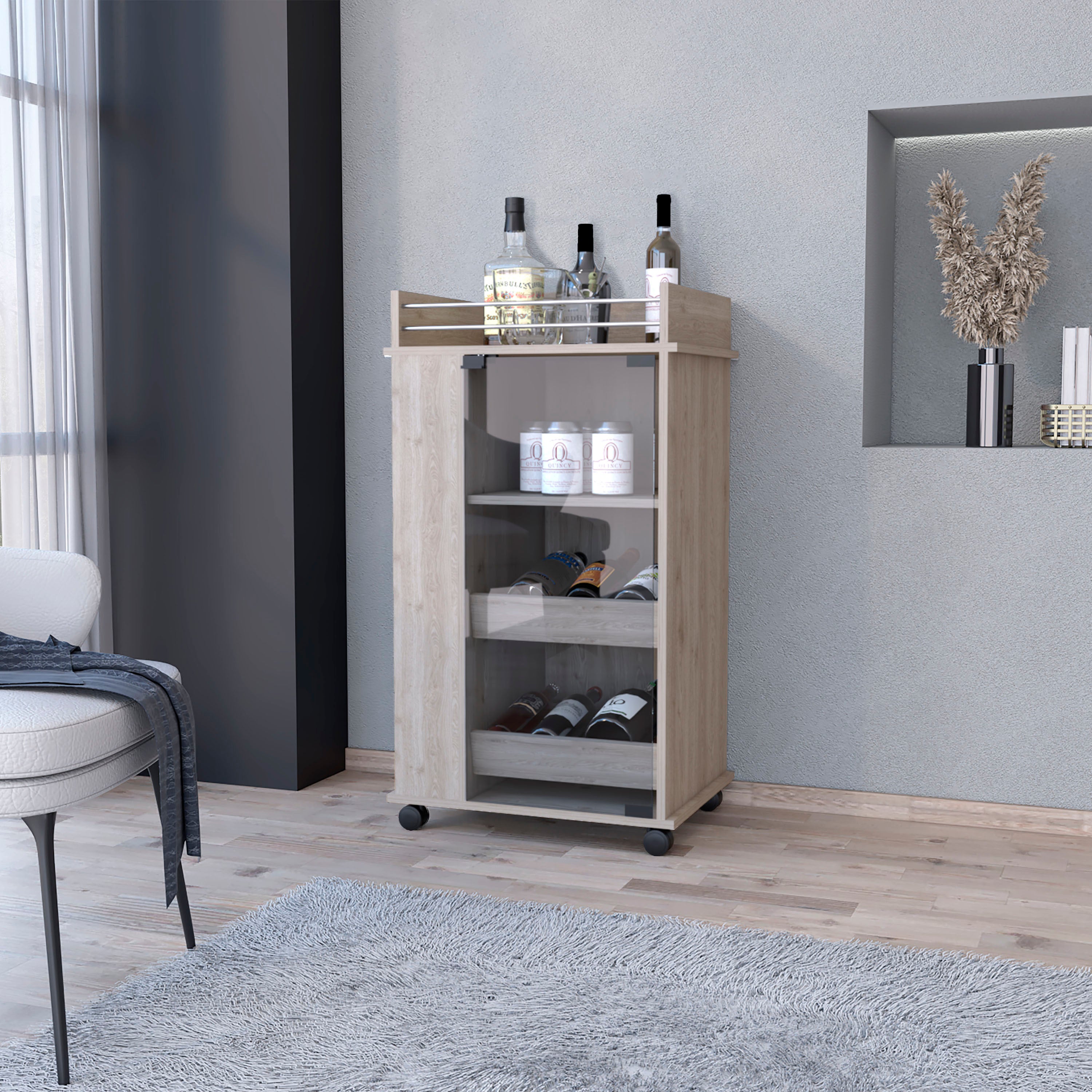 Baltimore Bar Cart with Casters, Glass Door and 2-Side Shelf