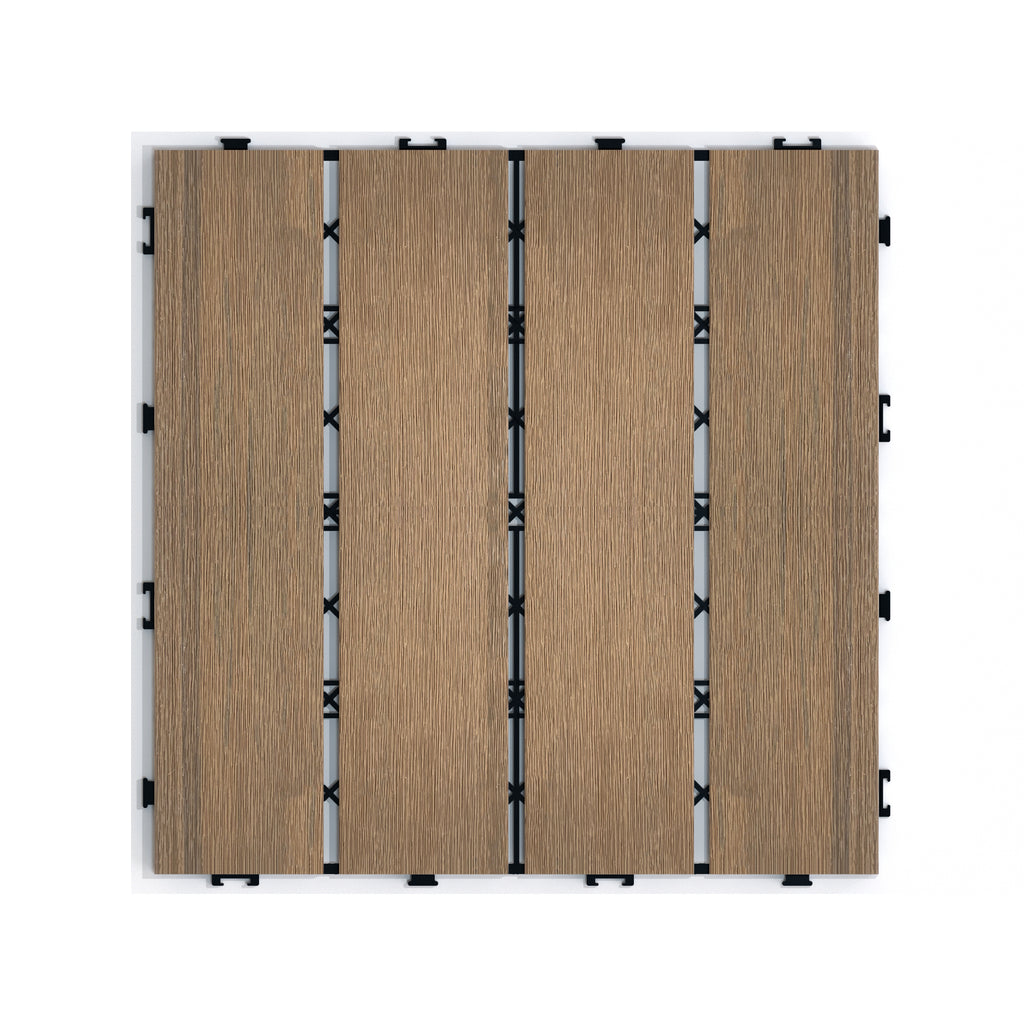 WPC Wood-Plastic Composite Patio Deck Tiles Pack of 22 in Oak, Interlocking DIY Flooring for Indoor Outdoor Use, Water Resistant & Durable
