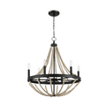 Starry Wood Chandelier Farmhouse Six Candle Light Wood Beaded Pendant Light Black Metal Glass 22x22 inches