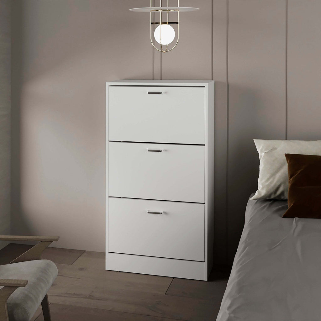 White Shoe Rack with 3 Flip-Down Compartments