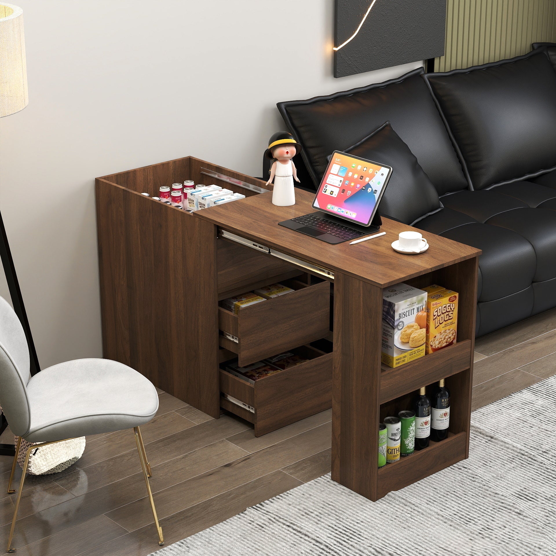 Computer Desk with Drawers, Modern Corner Home Office storage with extendable table, Study Writing Desk Workstation for Home,Office