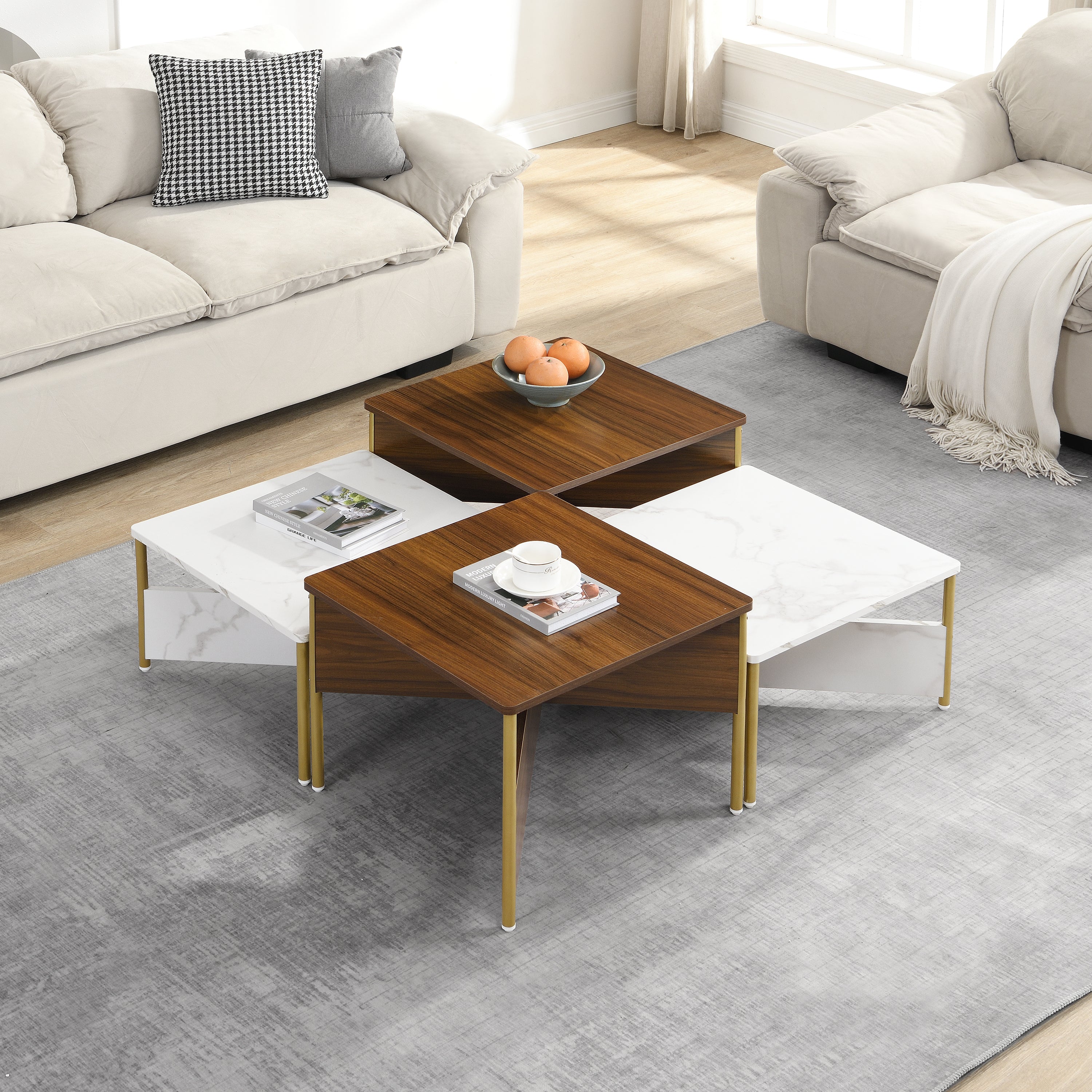Modern Nesting Coffee Tables Set of 4 -Mid Century Modern Square Living Room Table, Free Adjustable Shape,Versatile and Stylish Accent Furniture for Your Living Room White & Walnut Color