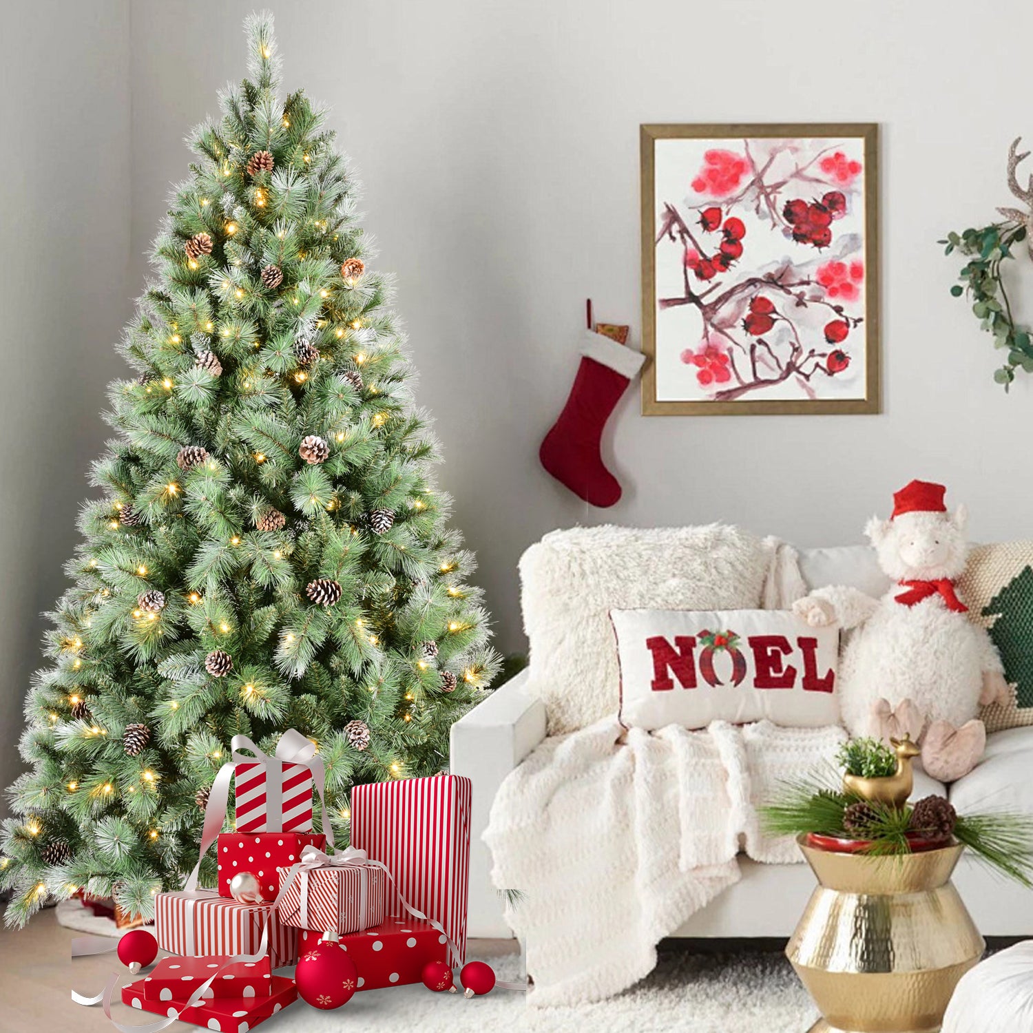 5FT Christmas Tree with 200 Warm White LED Lights – 694 PVC & Hard Needle Tips, 51 Pine Cones, Hinged Branch Design, Sturdy Metal Stand – Full Realistic Holiday Tree
