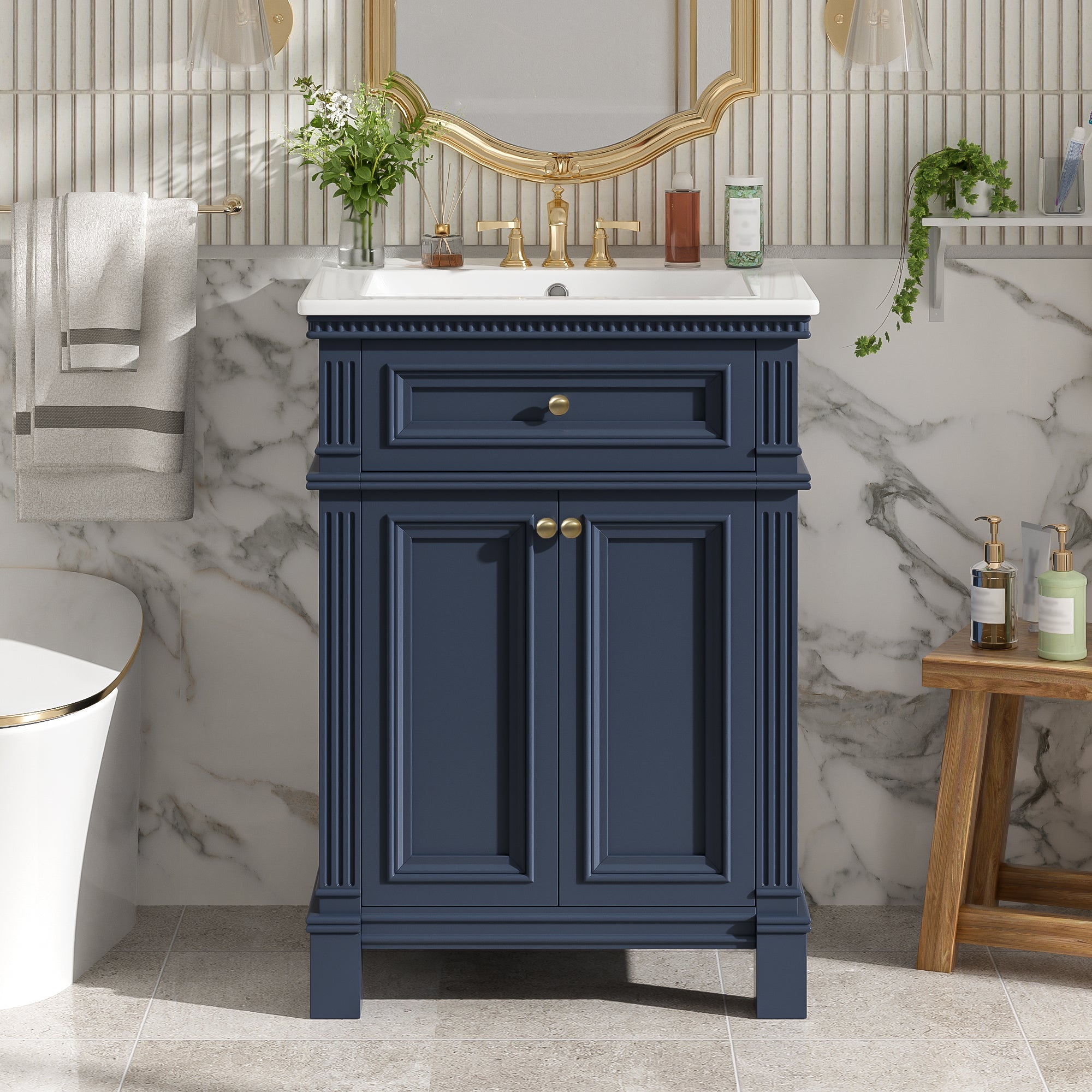 24'' Vintage Elegance Bathroom Cabinet with Soft Closing Doors and Adjustable Shelf, Bathroom Vanity with Ceramic Sink