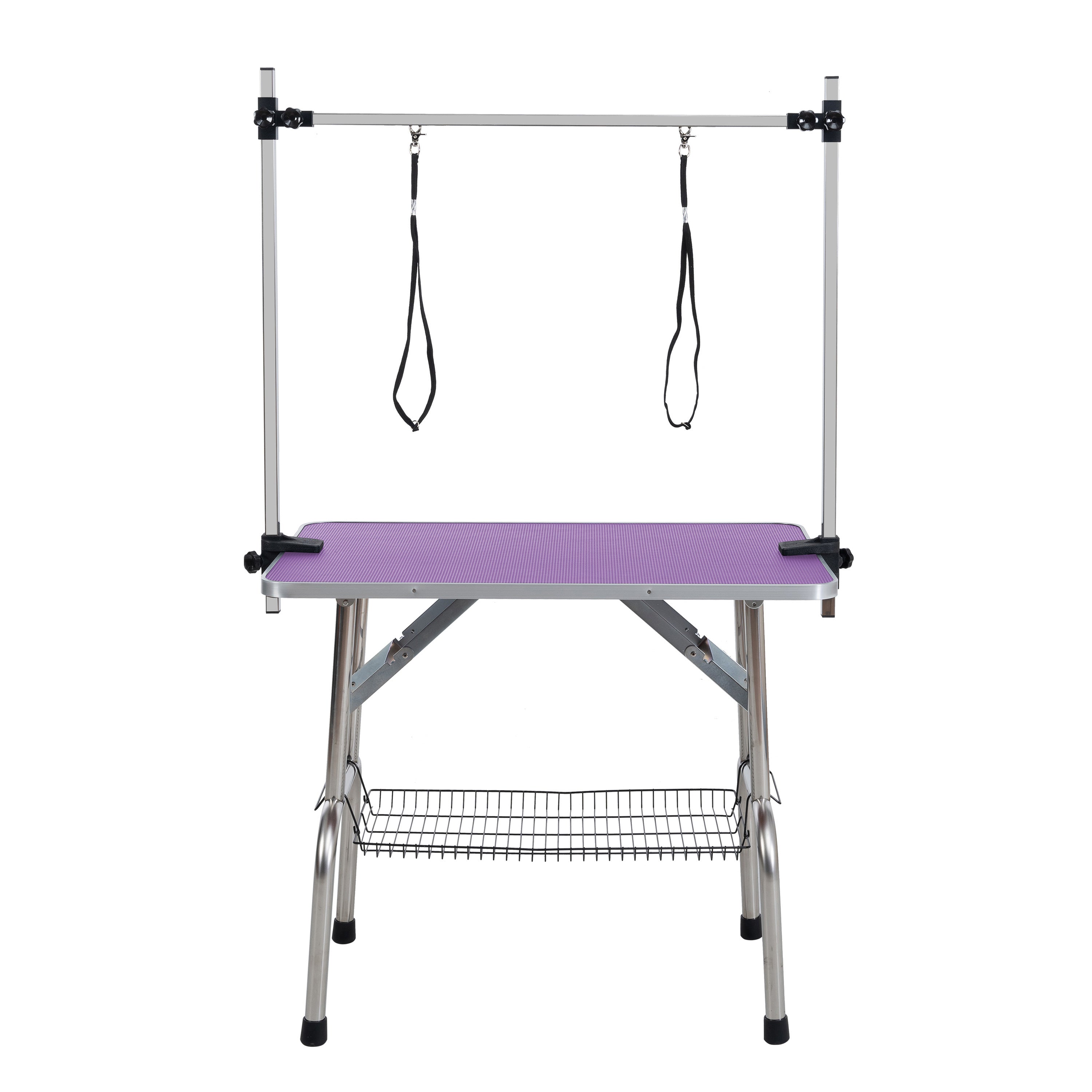 Purple Folding Pet Grooming Table with Stainless Steel Frame and Rubber Mat, Adjustable Arm & Clamps, 42''