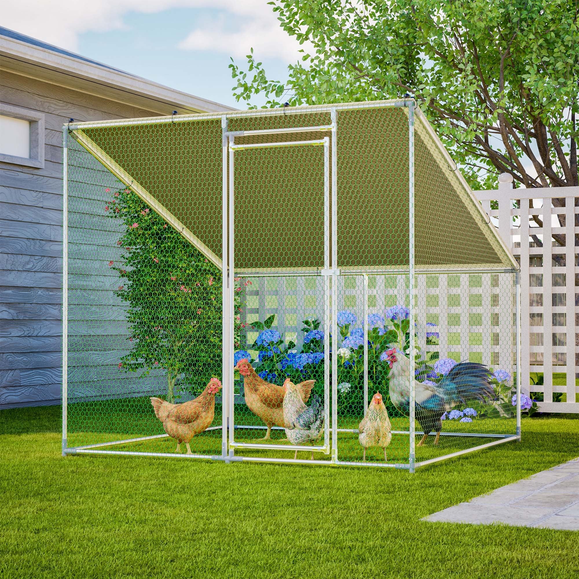 84'x78.7'x72.7' Walk-In Metal Chicken Coop,Slanted Roof,Heavy-Duty All-Weather Poultry Cage with Waterproof & Anti-UV Cover, Stable Outdoor Run for Yard with Spring Button Connectors & Reinforced Mesh