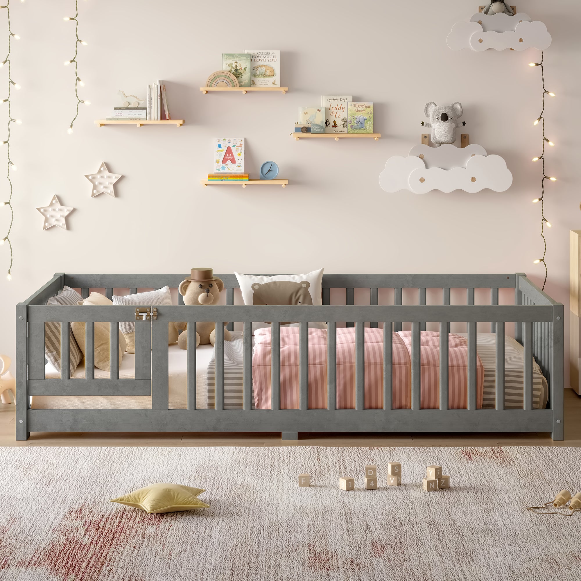 Twin Size Bed Floor Bed with Safety Guardrails and Door for Kids, Wood grain gray.