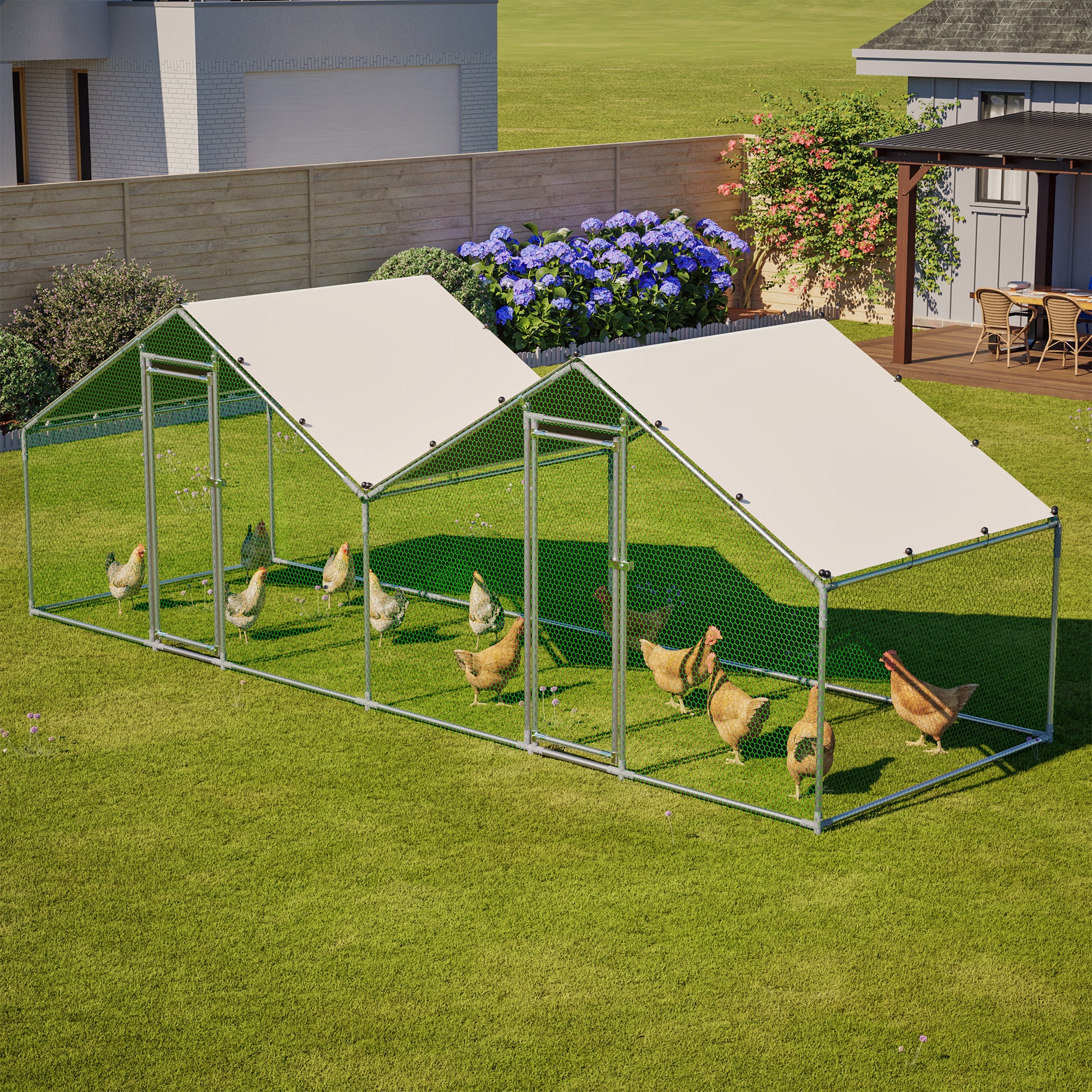 6'x20' Walk-In Chicken Coop, Double Peak Metal Poultry Cage with Weatherproof Roof, Small Hex Mesh & Reinforced Wire, Dual-Zone Design for Backyard – Grey