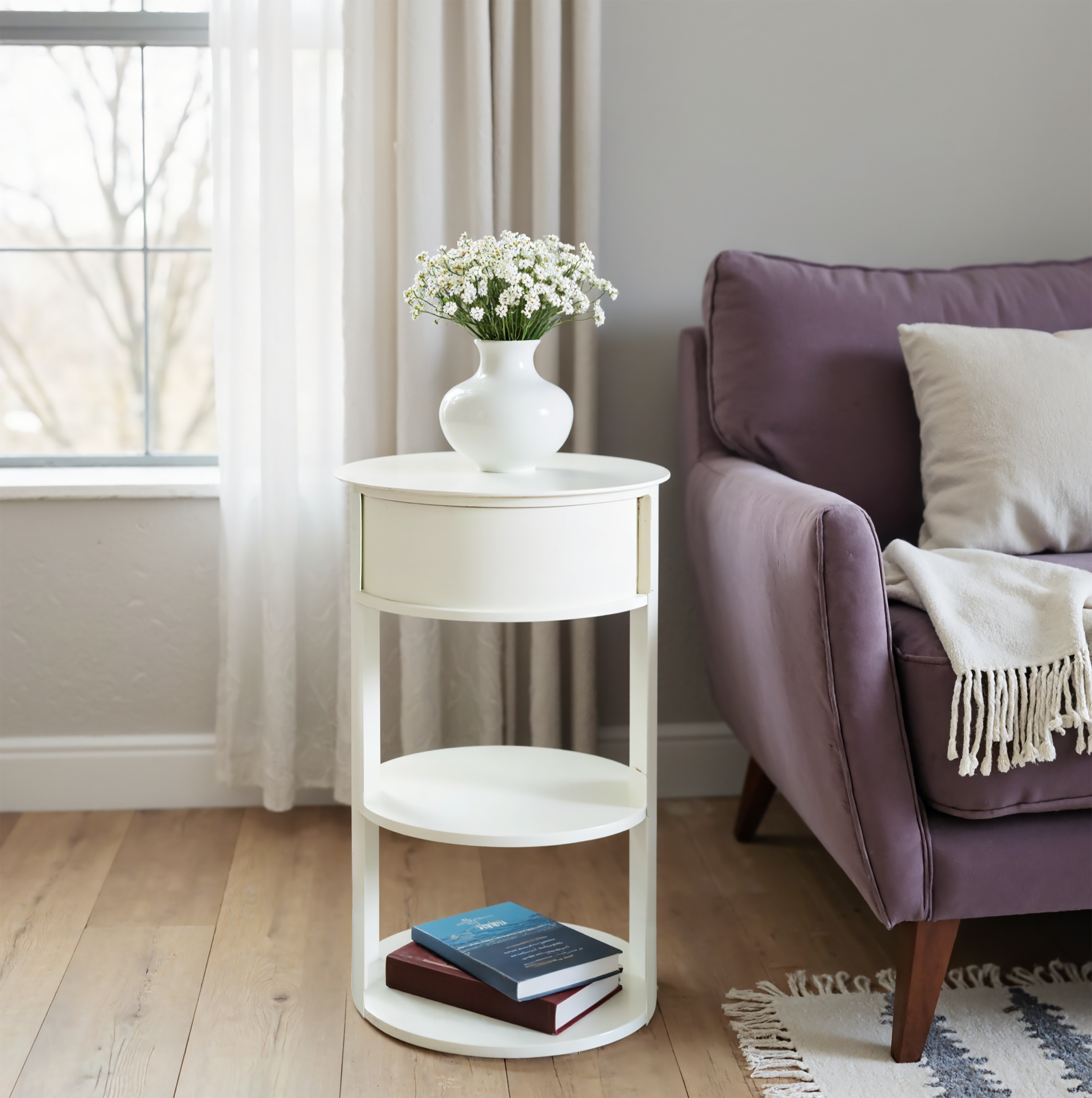 Indoor 3-Tier Metal Round Side Table with Sliding Door Cabinet, Matte White