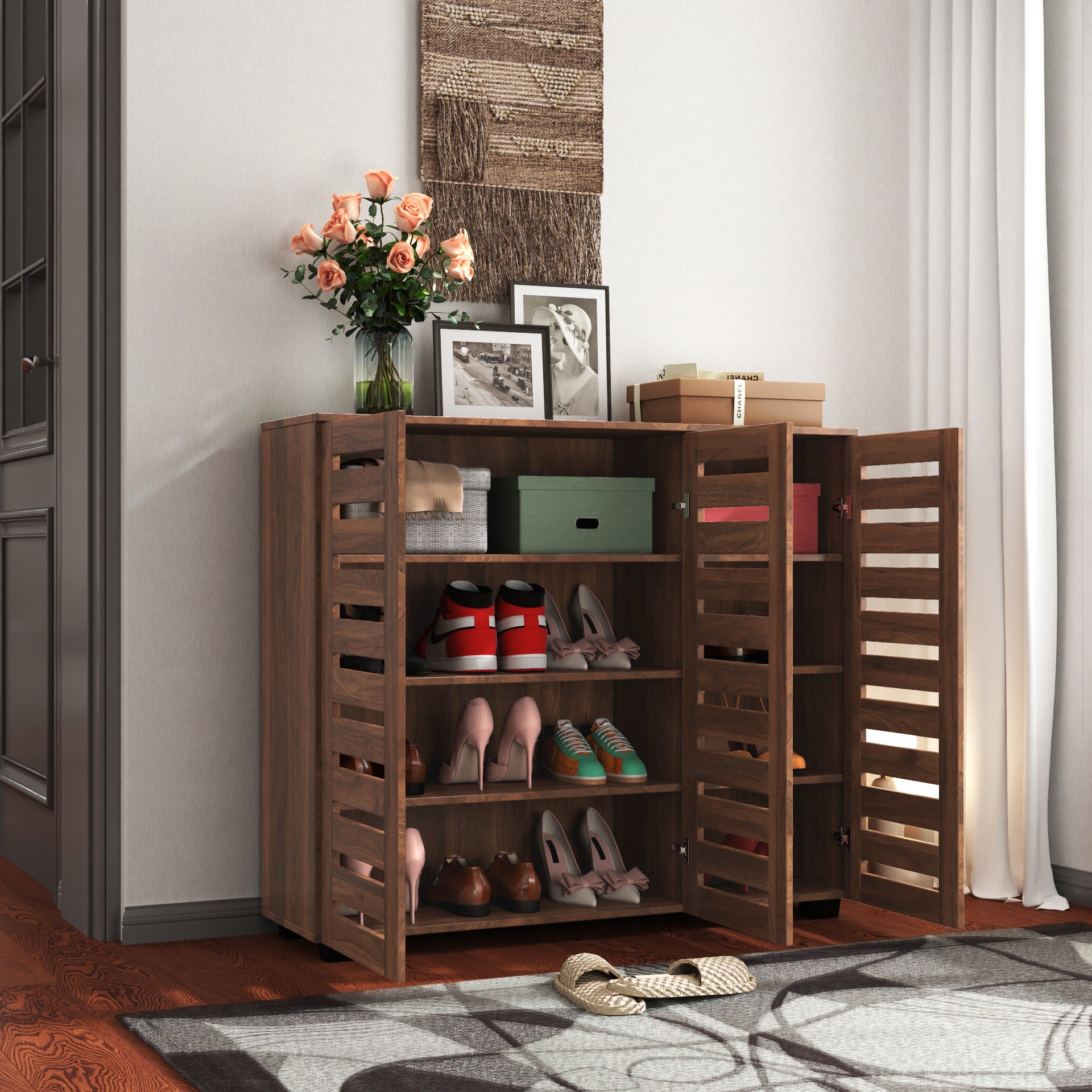 Shoe Cabinet, 5-Tier Shoe Storage Cabinet with Adjustable Shelves, Wooden Shoe Rack Organizer with Louvered Doors for Entryway, Hallway, Bedroom, Closet, Living Room