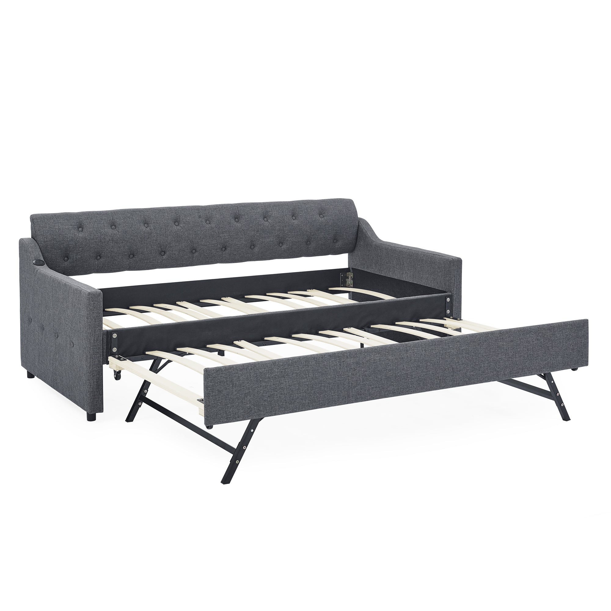 Twin Size Upholstered Daybed with Trundle and USB Charging, Dark Gray Linen