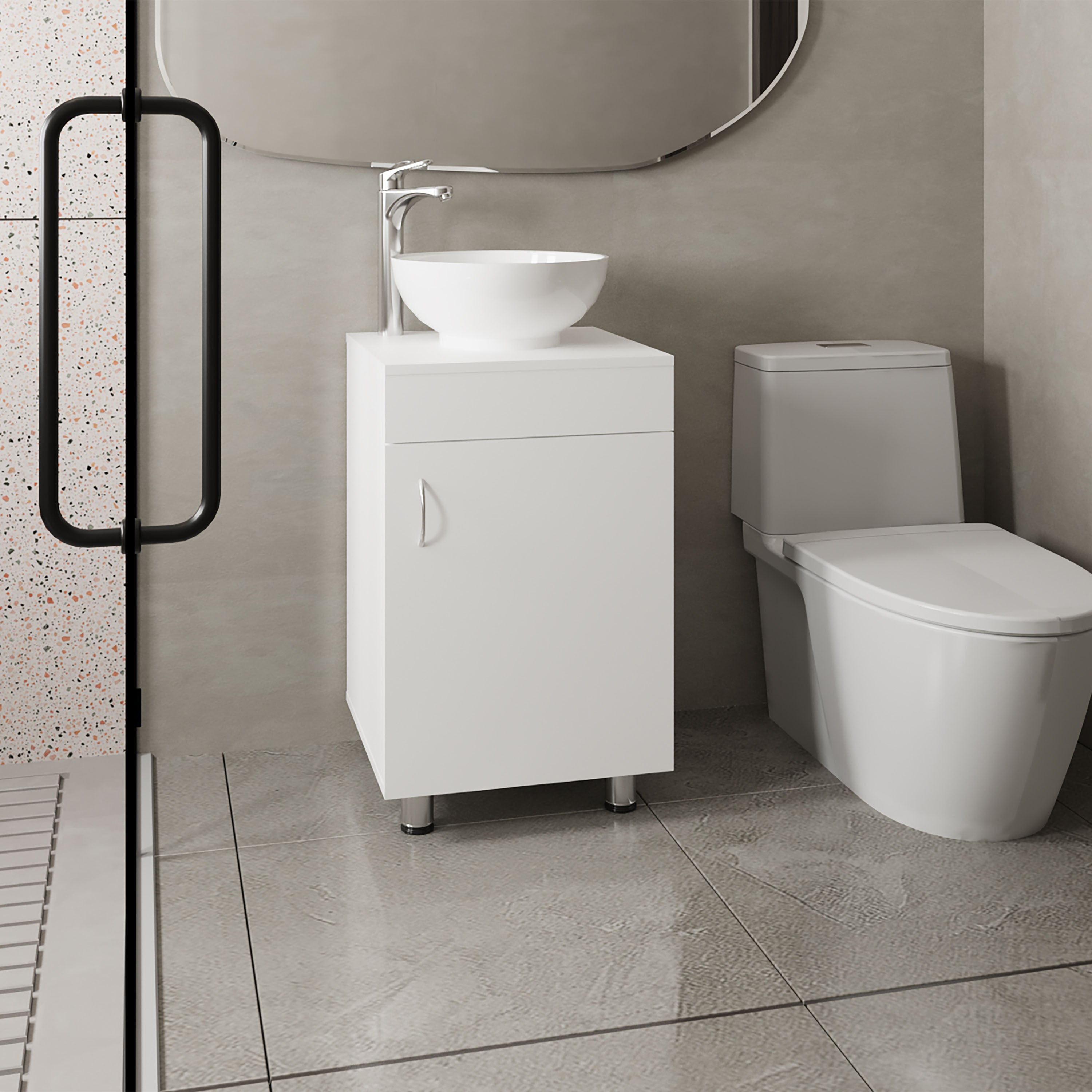 Tacna 18' Wide Free Standing One Door Vanity, With Vessel Porcelain Sink, Bathroom Storage, White