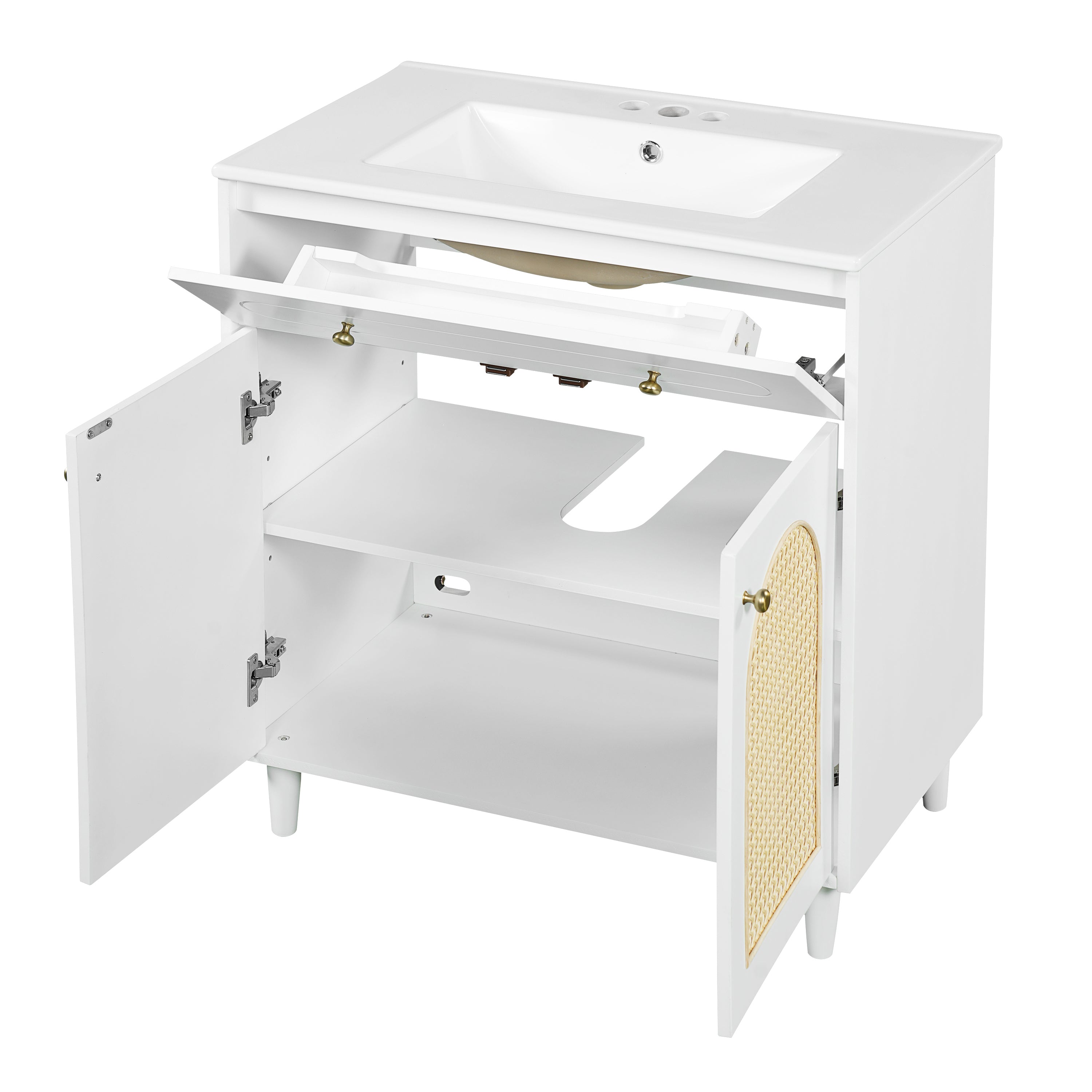 30' Modern Bathroom Vanity with Ceramic Sink, Solid Wood Frame Cabinet with Adjustable Shelf and Rattan Front Panels in White