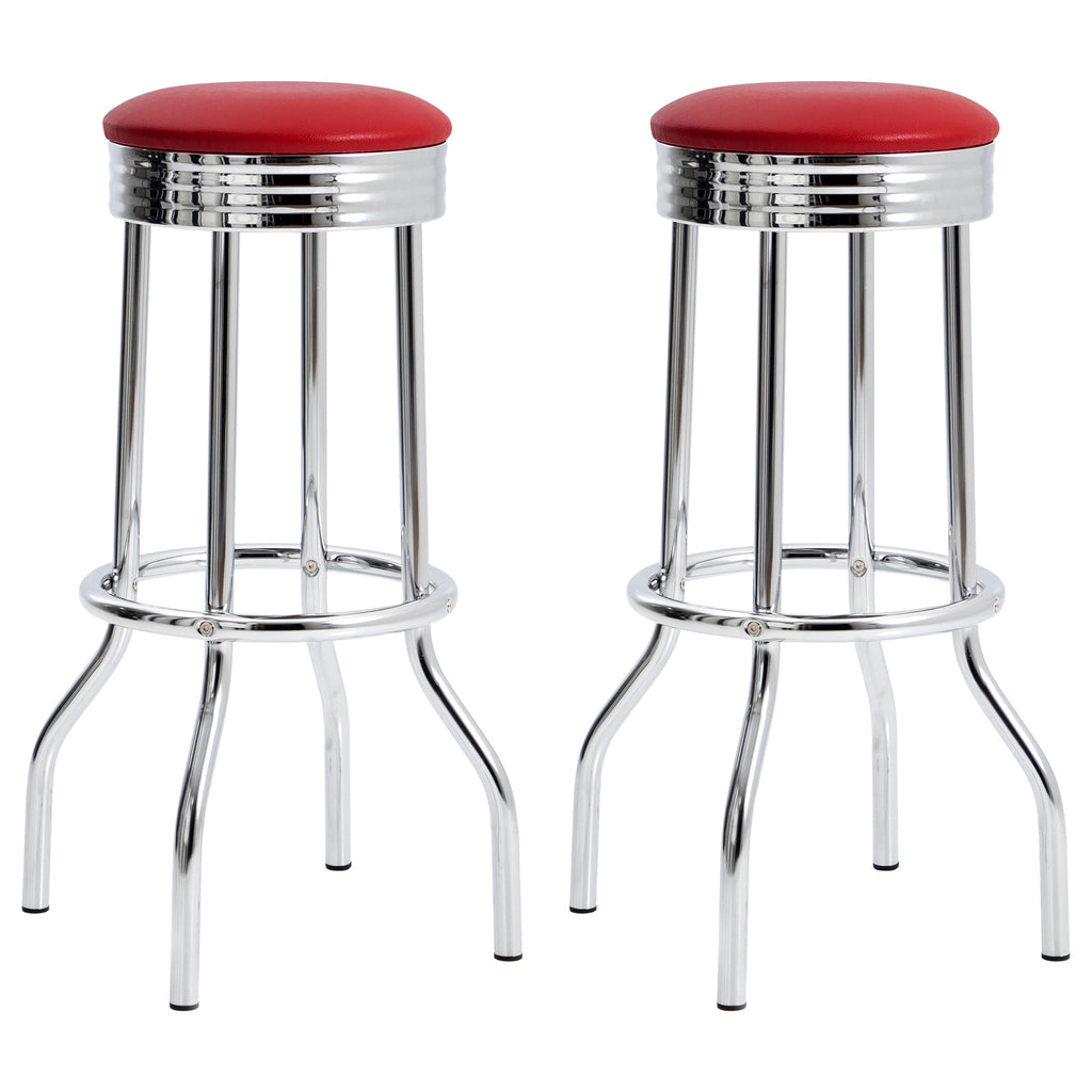 Red and Chrome Bar Height Stool Set of 2 - Vintage Style with Faux Leather Seat and Chrome Base