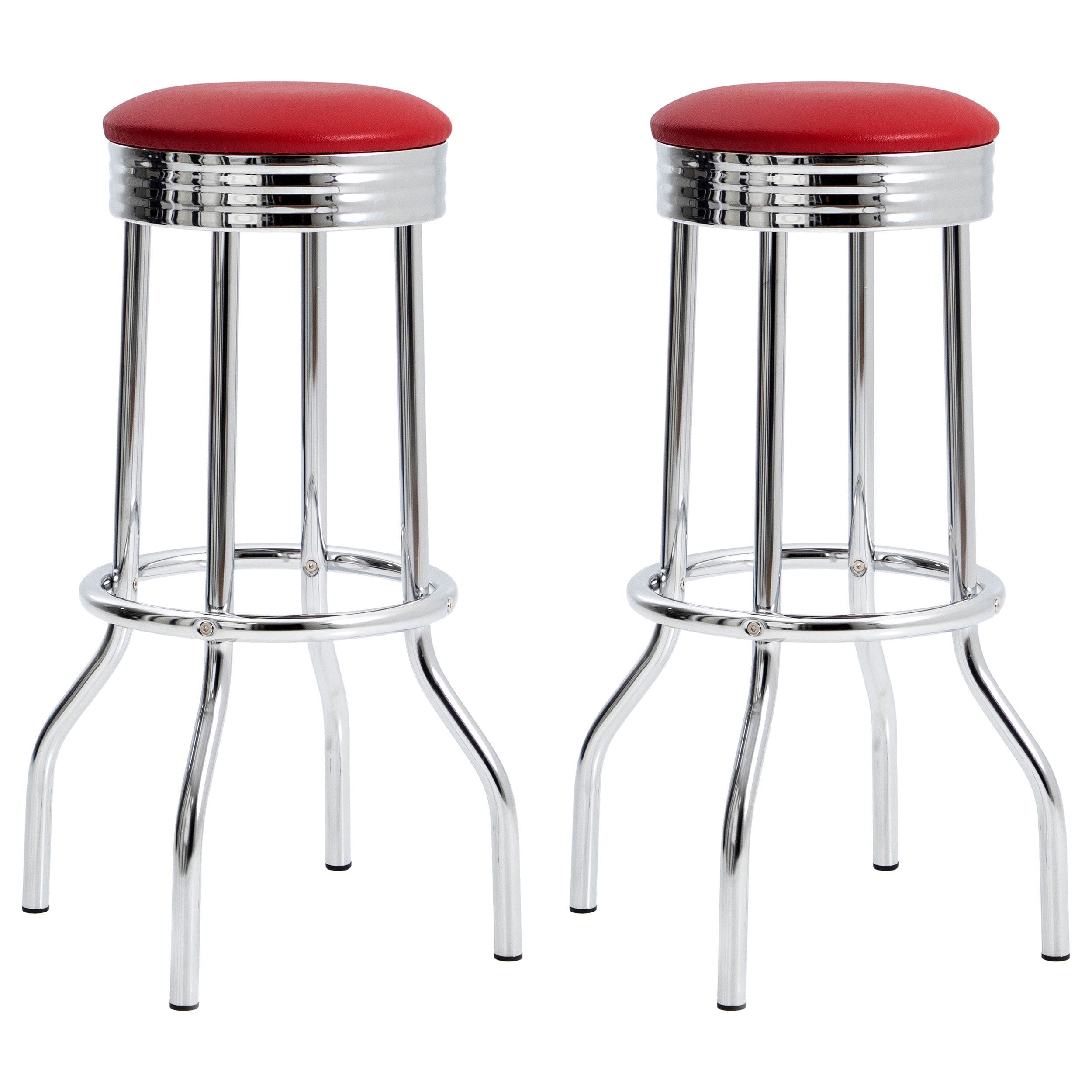 Red and Chrome Bar Height Stool Set of 2 - Vintage Style with Faux Leather Seat and Chrome Base