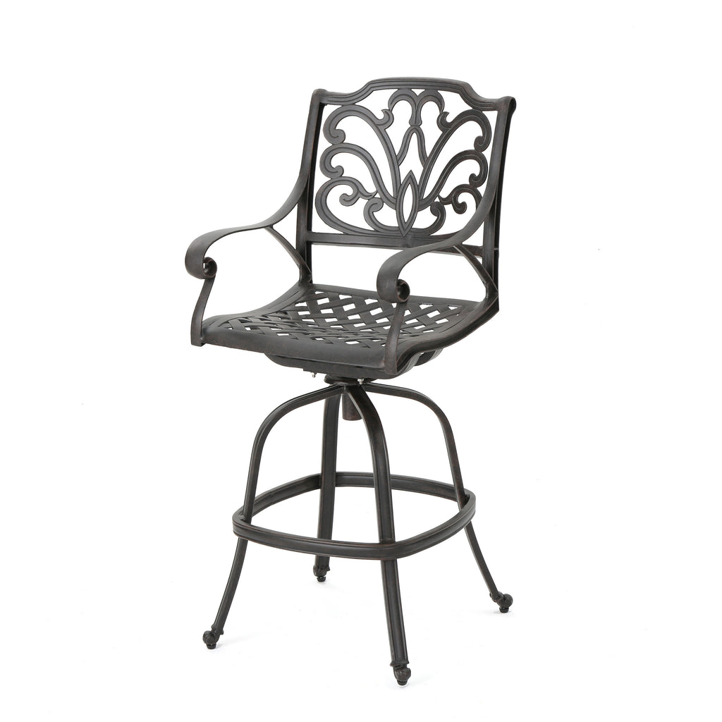 Outdoor Cast Aluminum Swivel Bar Stool with Scrolled Arms, Bronze