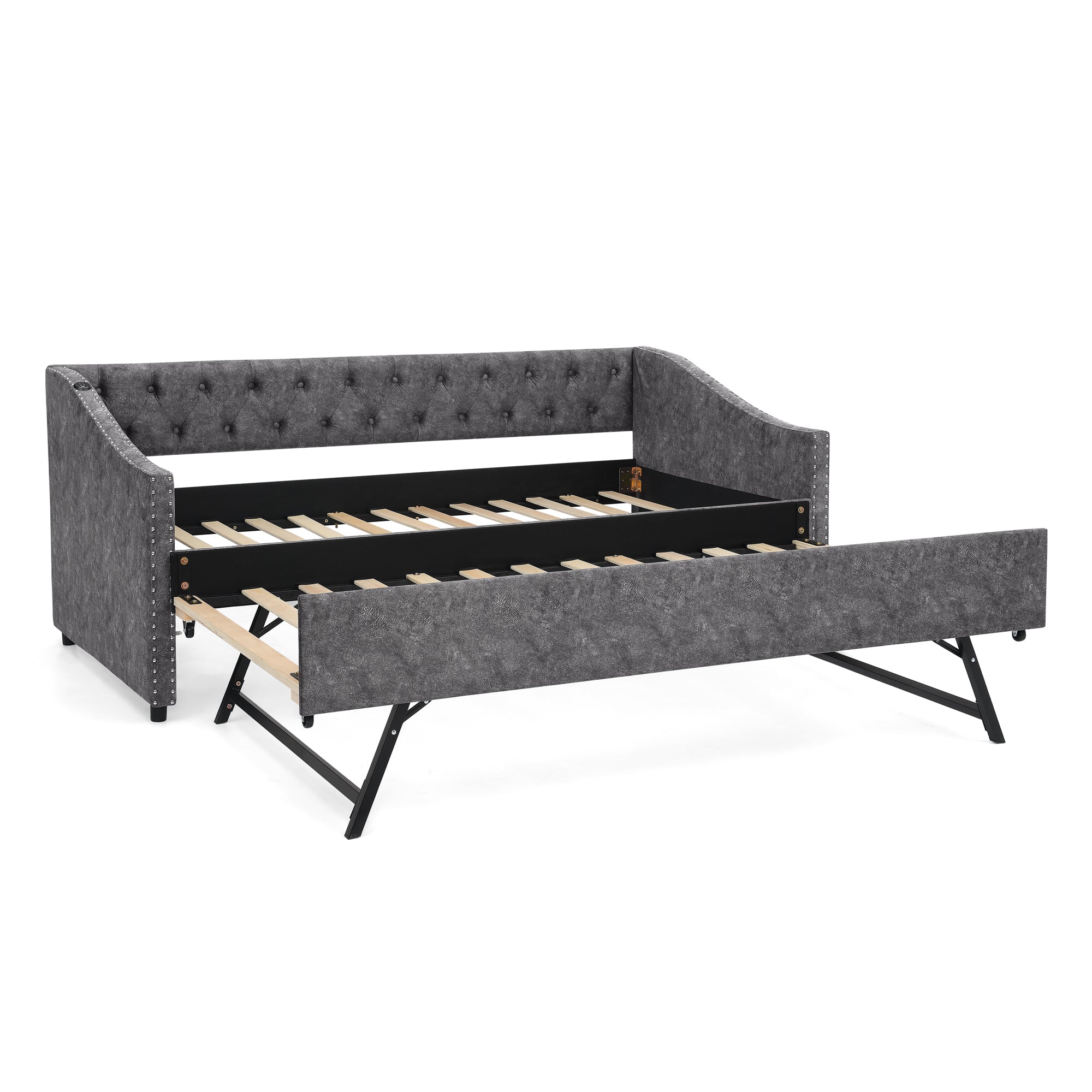 Grey Button-Tufted Twin Daybed with USB Charging and Pull-out Extendable Bed, Eucalyptus Wood Frame, Copper Nail Trim, 81''x42''x30.75''
