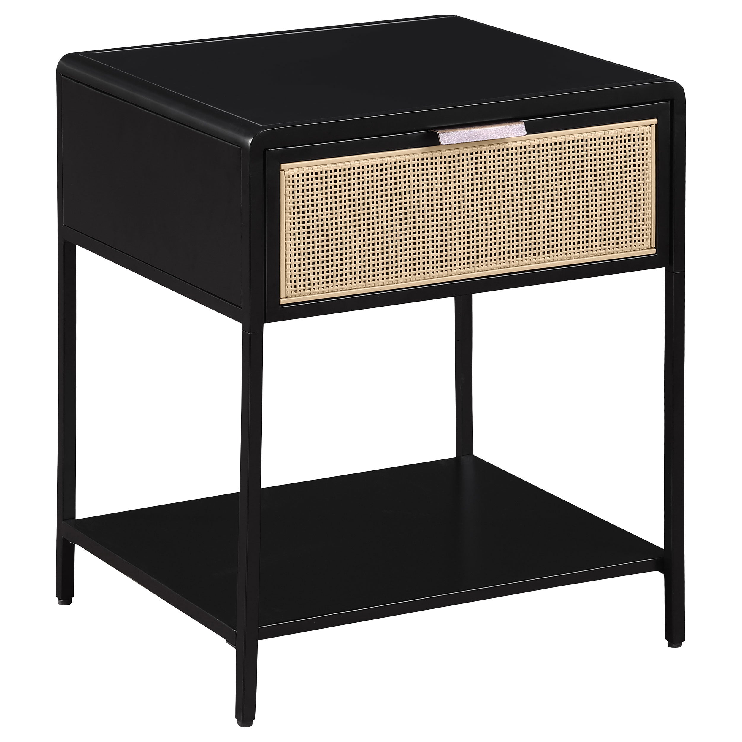 Duncan Black 1-Drawer Radio Weave Cane Metal Bedside Table: Modern Minimalist Design with Resin Cane Drawer and Durable Laminate Top in Black