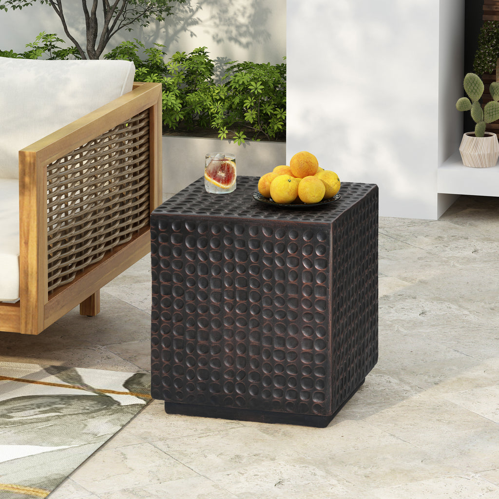 Outdoor Side Table, Patio End Table Cube, MGO Fluted Coffee Table for Outside, Garden, Backyard, Poolside Accent Table, Antique Copper