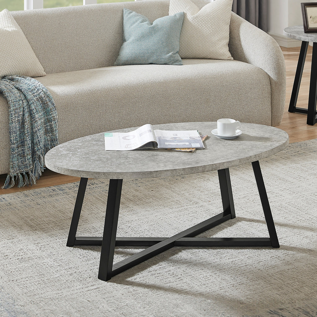 Modern Harmony Wood Oval Coffee Table, Faux Concrete Gray