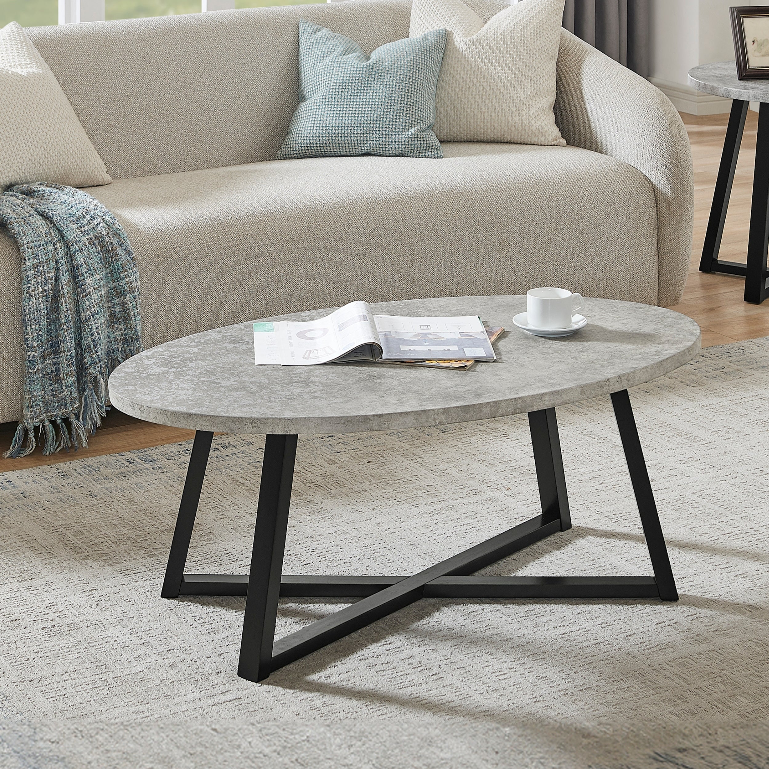Modern Harmony Wood Oval Coffee Table, Faux Concrete Gray