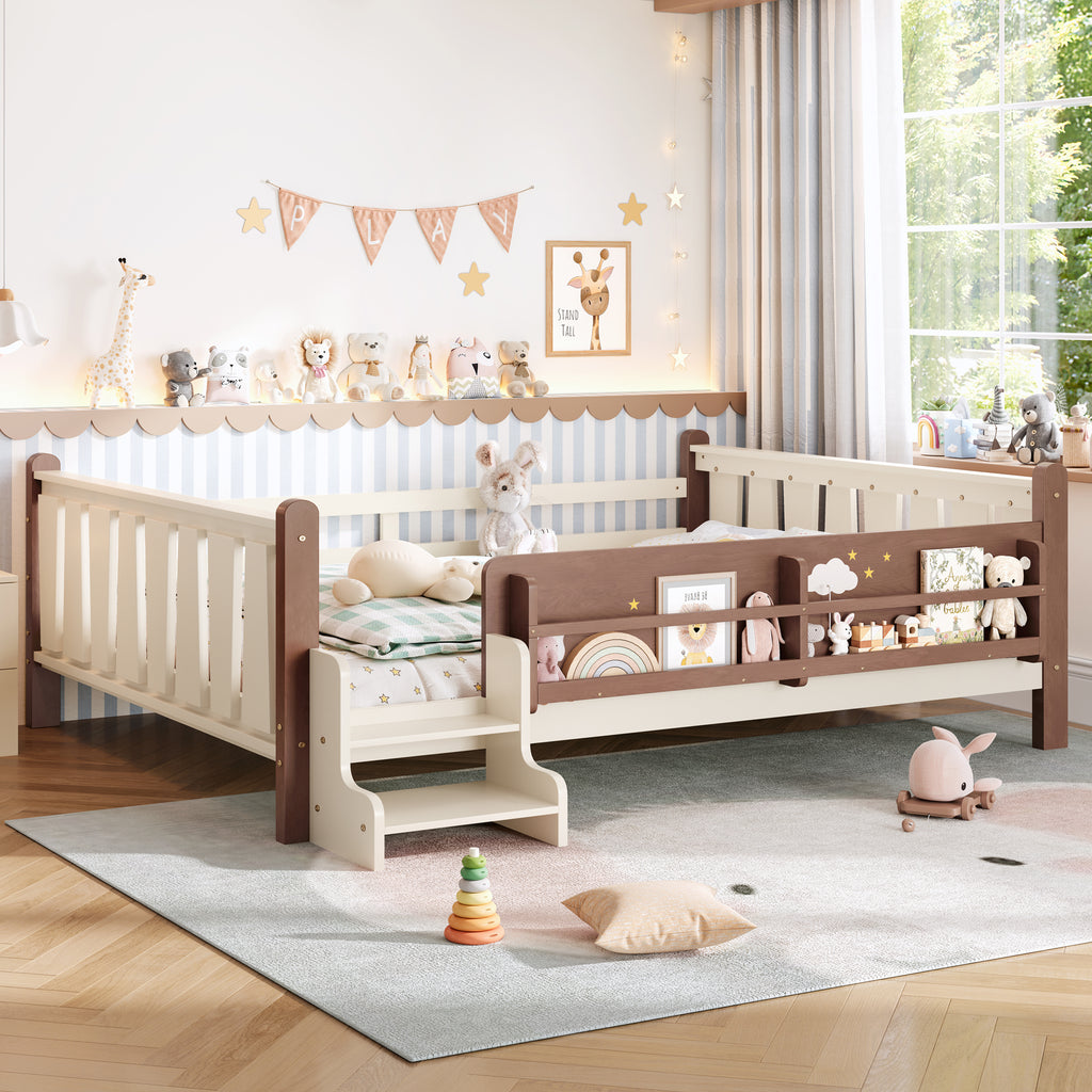 Queen Size Floor Bed with Storage Bookcases, Solid Wood Kids Floor Bed with Cute Stairs and Guardrails, No Box Spring Needed, Beige