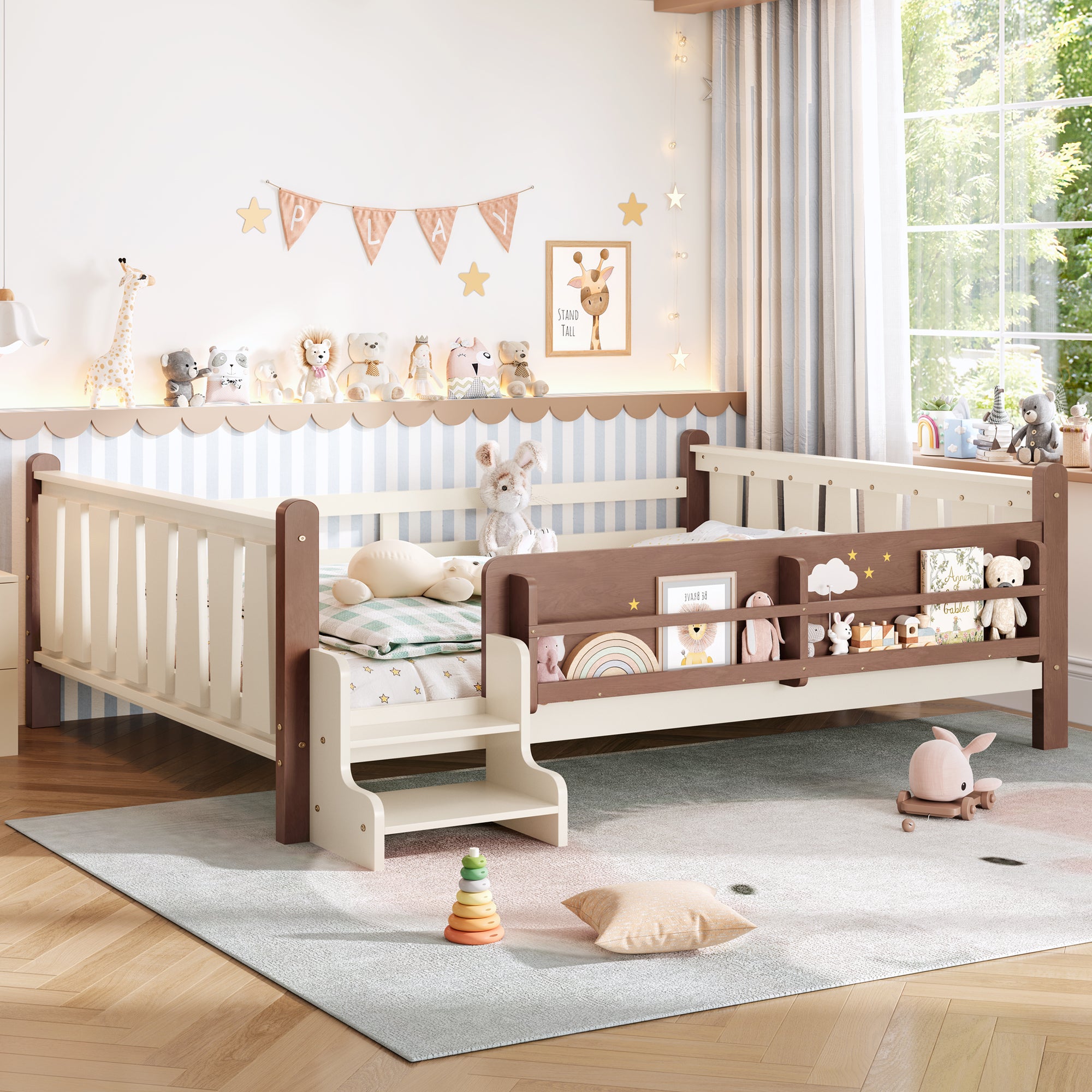 Queen Size Floor Bed with Storage Bookcases, Solid Wood Kids Floor Bed with Cute Stairs and Guardrails, No Box Spring Needed, Beige