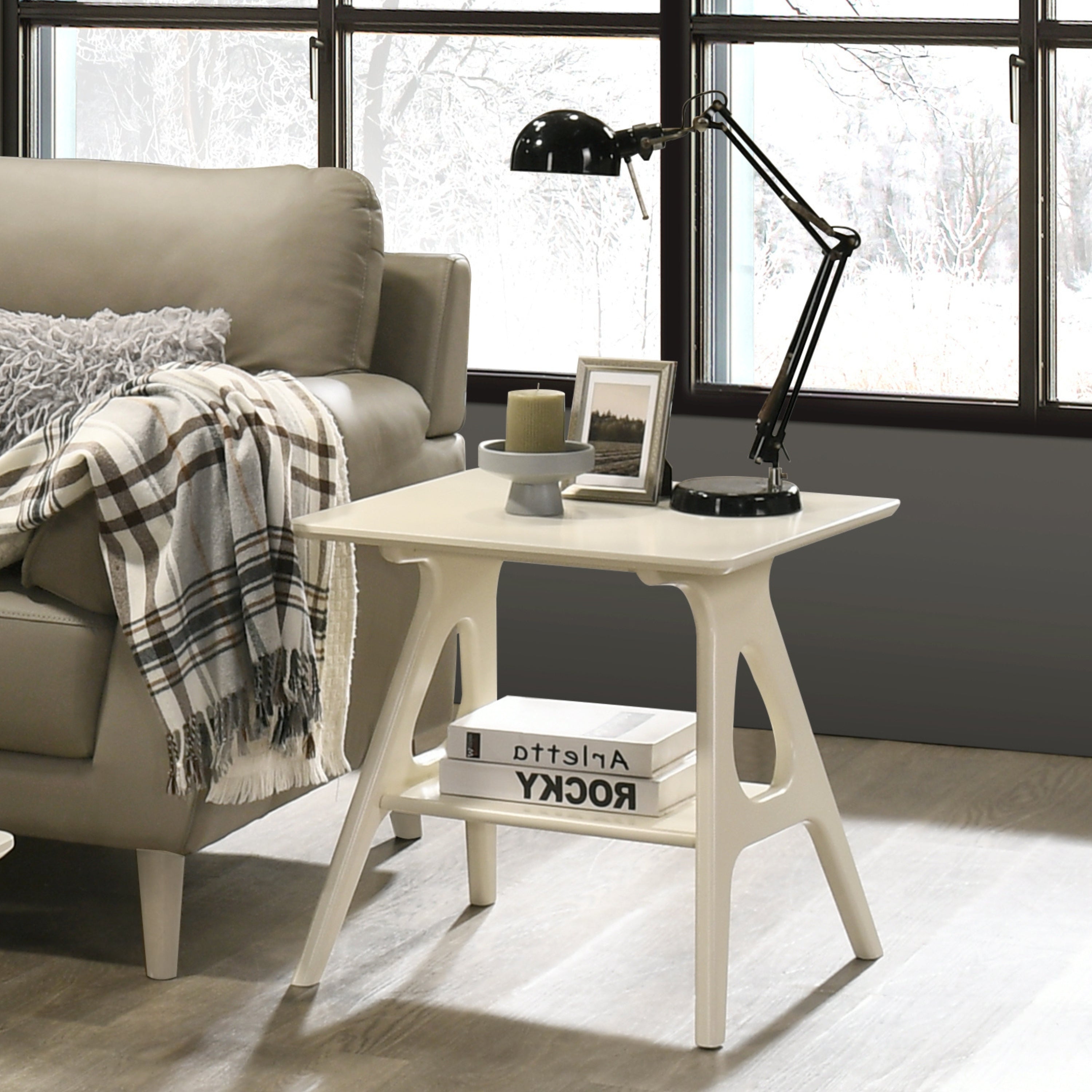 Arona Mid-Century Modern Wood Shelf End Table, Off WhiteFinish