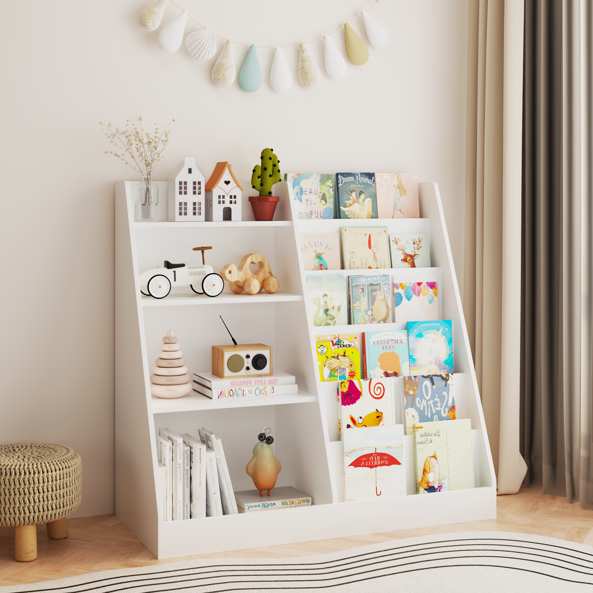 New Kids Bookshelf and Toy Storage Organizer, Multifunctional 4 Tier Wooden Kids Book Shelf with  Bookcase Display Stand in Kids Room Playroom Nursery for Kids, Children, Toddlers (White)