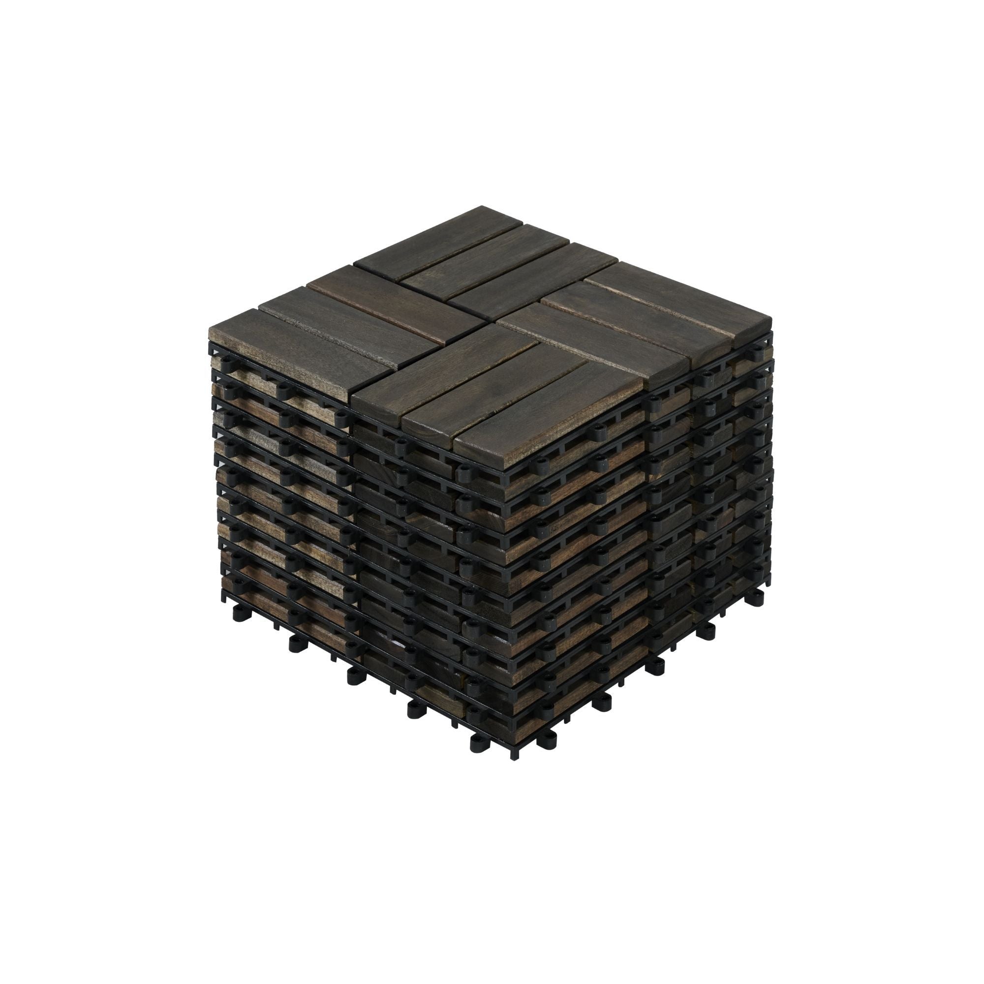 Acacia Wood Interlocking Deck Tiles Checker Pattern Outdoor Flooring Dark Brown 12' x 12'