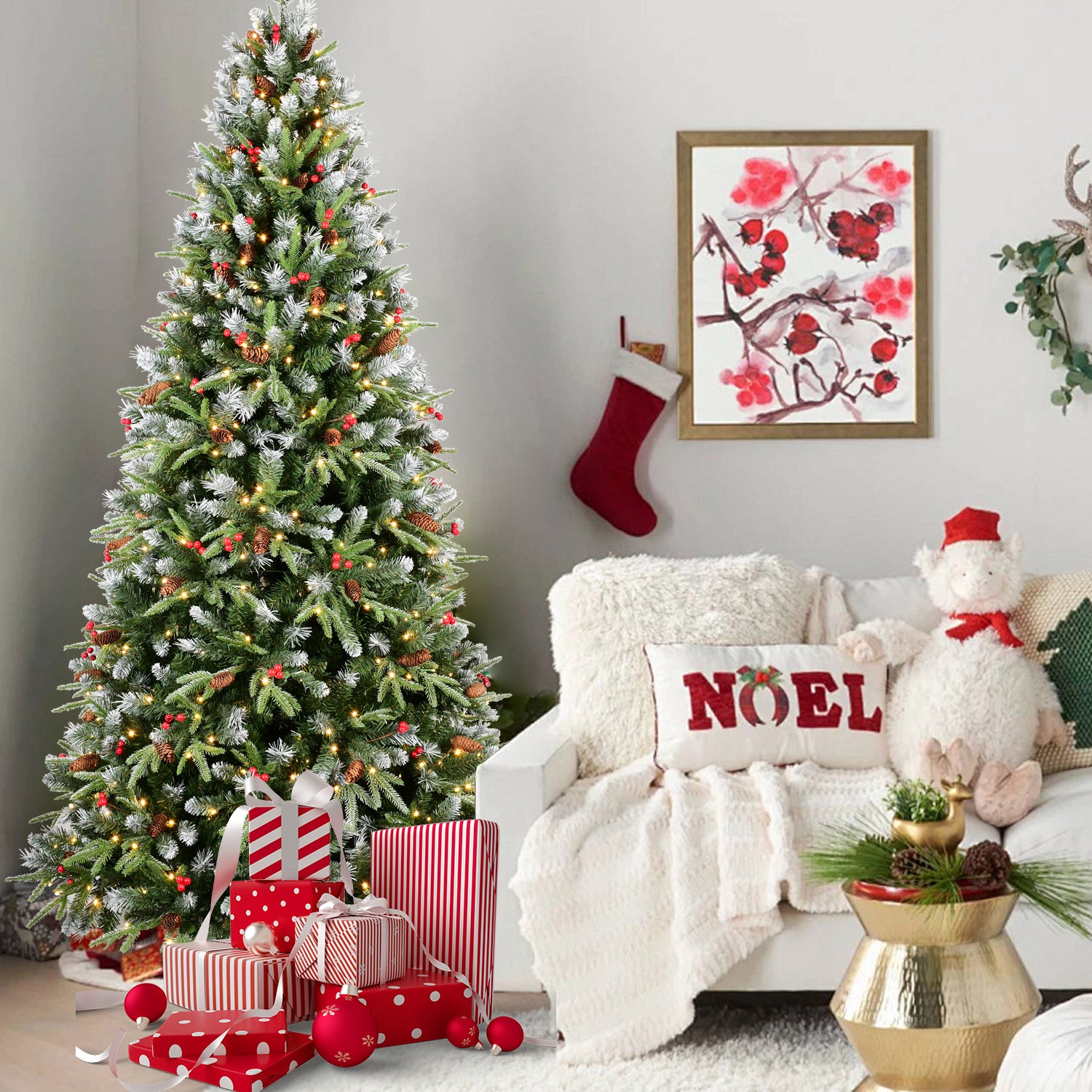 8FT Christmas Tree with 600 Warm White LED Lights – 2850 Snow-Tipped PE+PVC Branches, Red Berries & Pine Cones, Hinged Design, Stable Metal Stand – Realistic Holiday Decoration