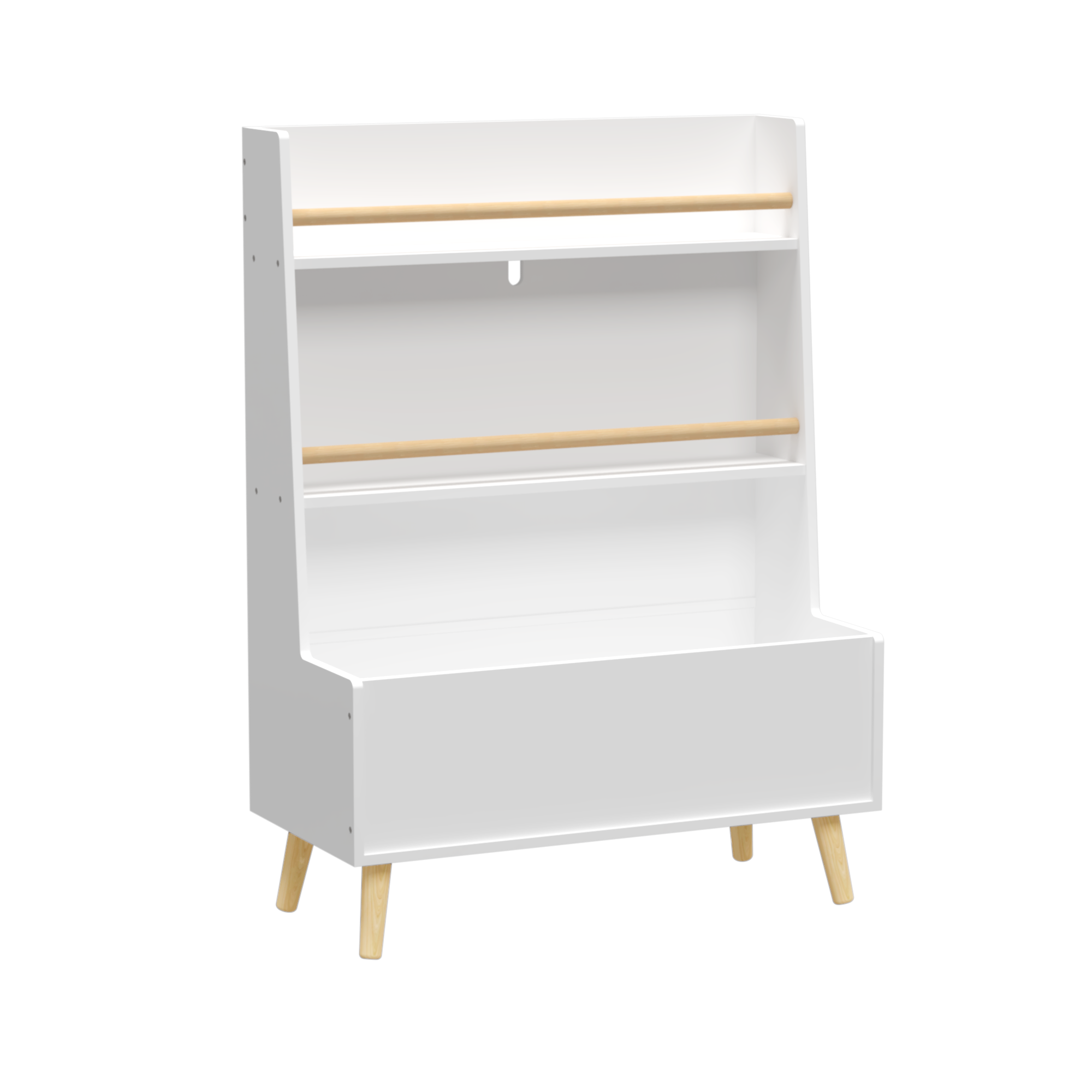 Kids Bookshelf White MDF and Pine Legs Book Organizer with Toy Storage, 26.77 x 12.60 x 36.61 inches