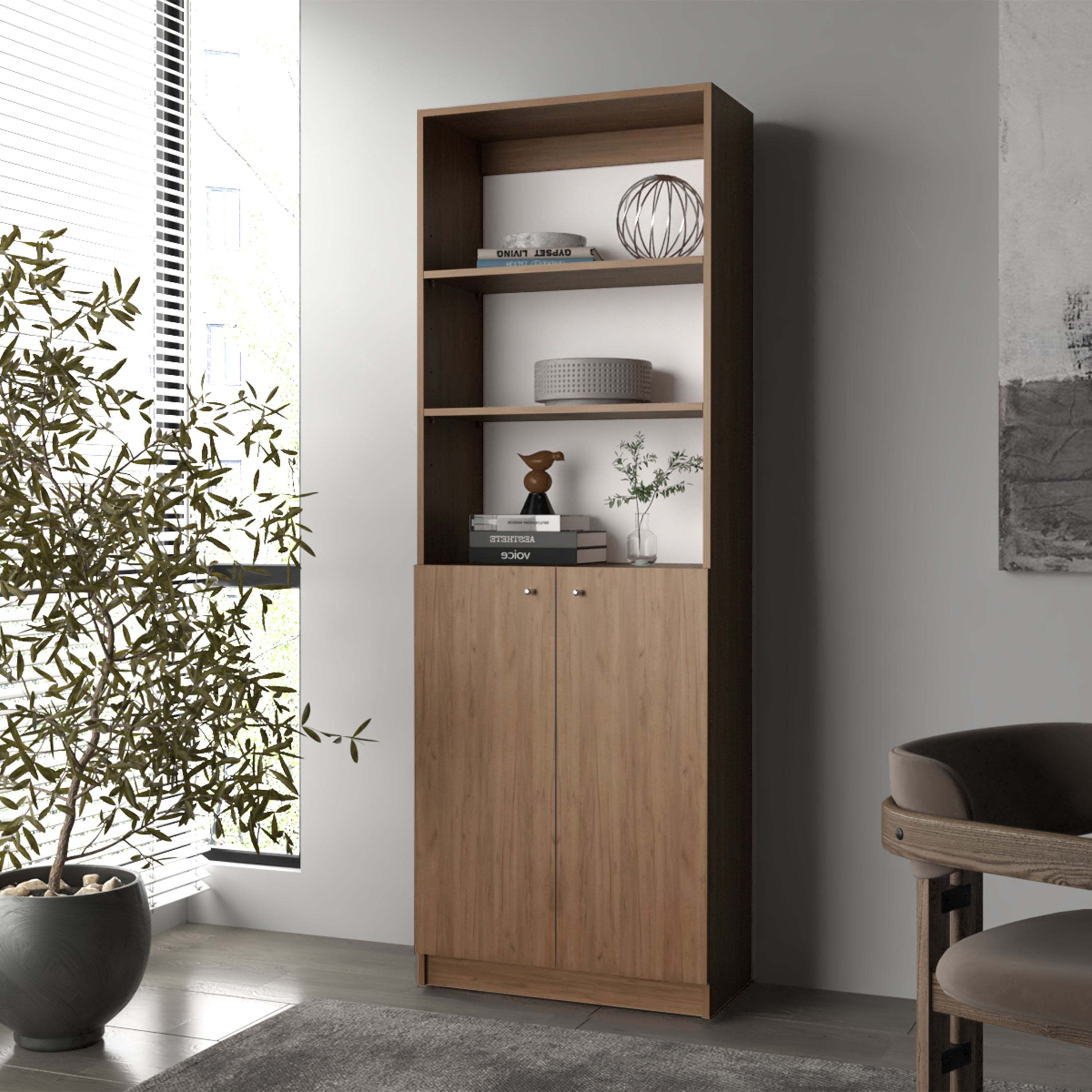 Natural Oak and White 2-Door Bookcase with Open Storage