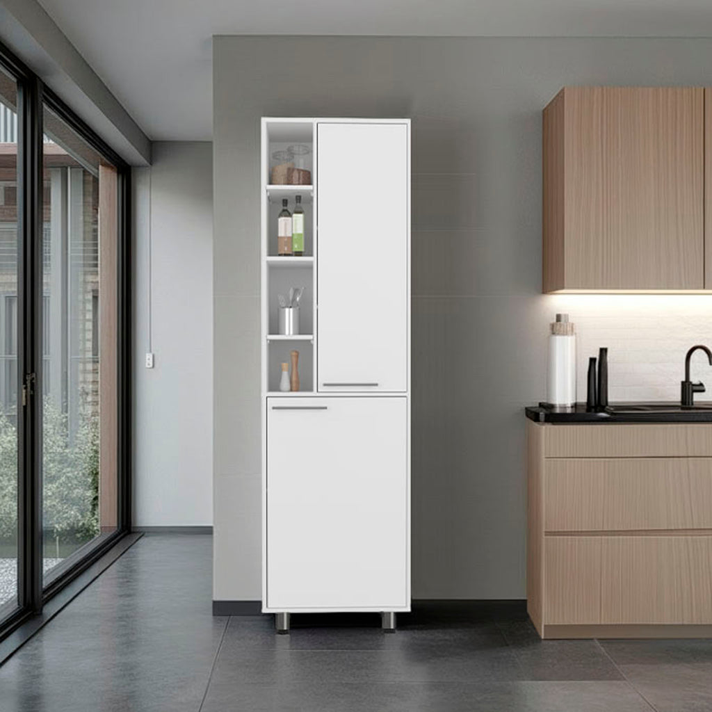 Burton Kitchen Pantry with 2 Doors, Adjustable Shelves, side Shelves, Compact Storage Cabinet for Kitchen Organization, White