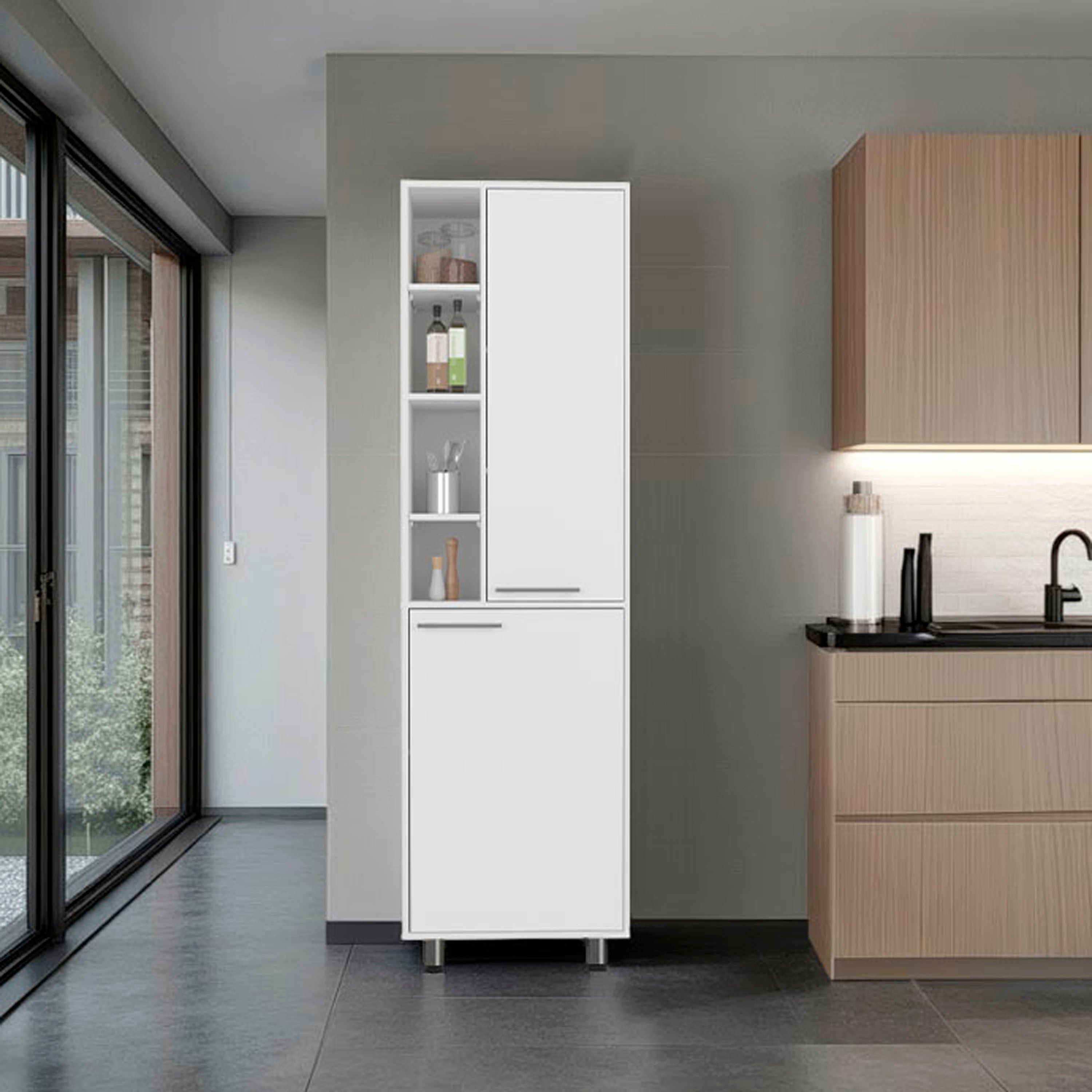 Burton Kitchen Pantry with 2 Doors, Adjustable Shelves, side Shelves, Compact Storage Cabinet for Kitchen Organization, White