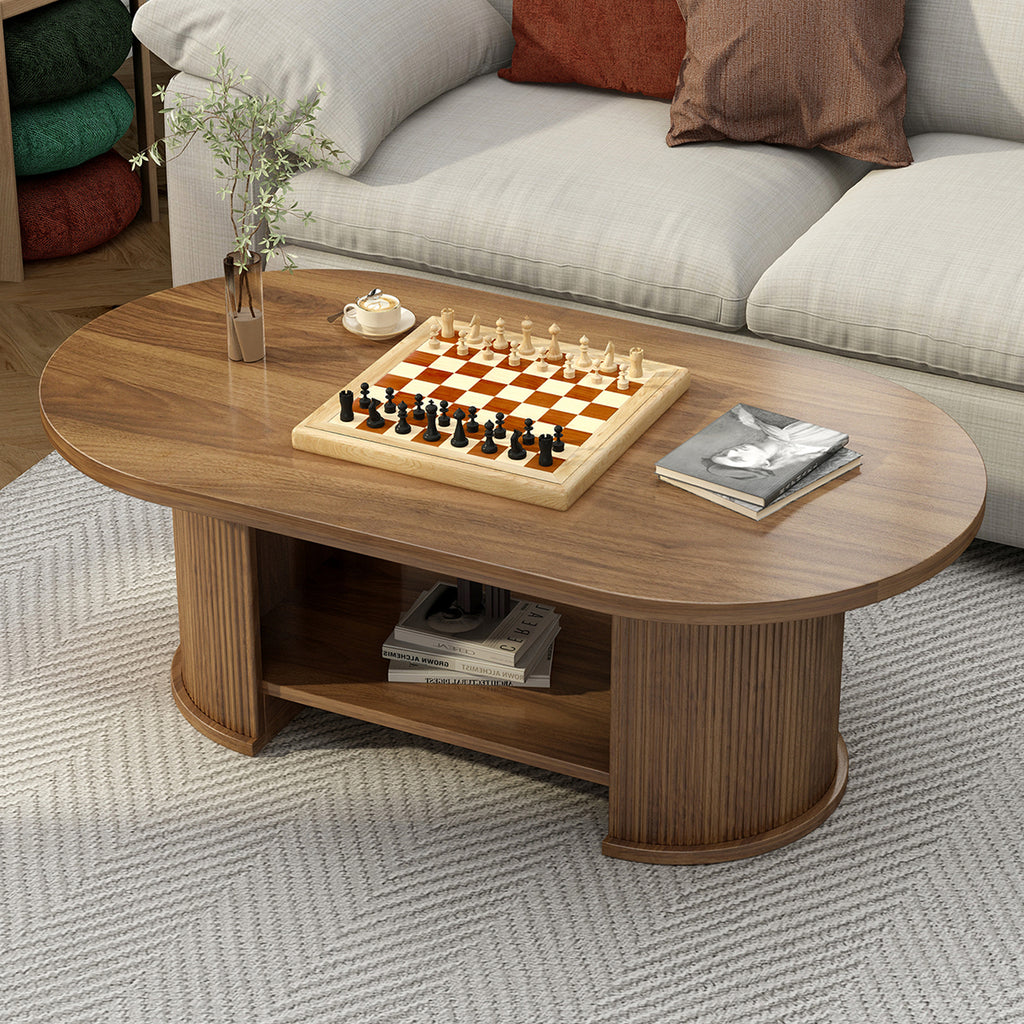 Oval Fluted Coffee Table, 47' Farmhouse Wood Coffee Table, Mid-Century 2-Tier Coffee Table with Storage Shelf, Accent Center Table with Dual Base, Boho Living Room Tables for Living Room Office,Walnut